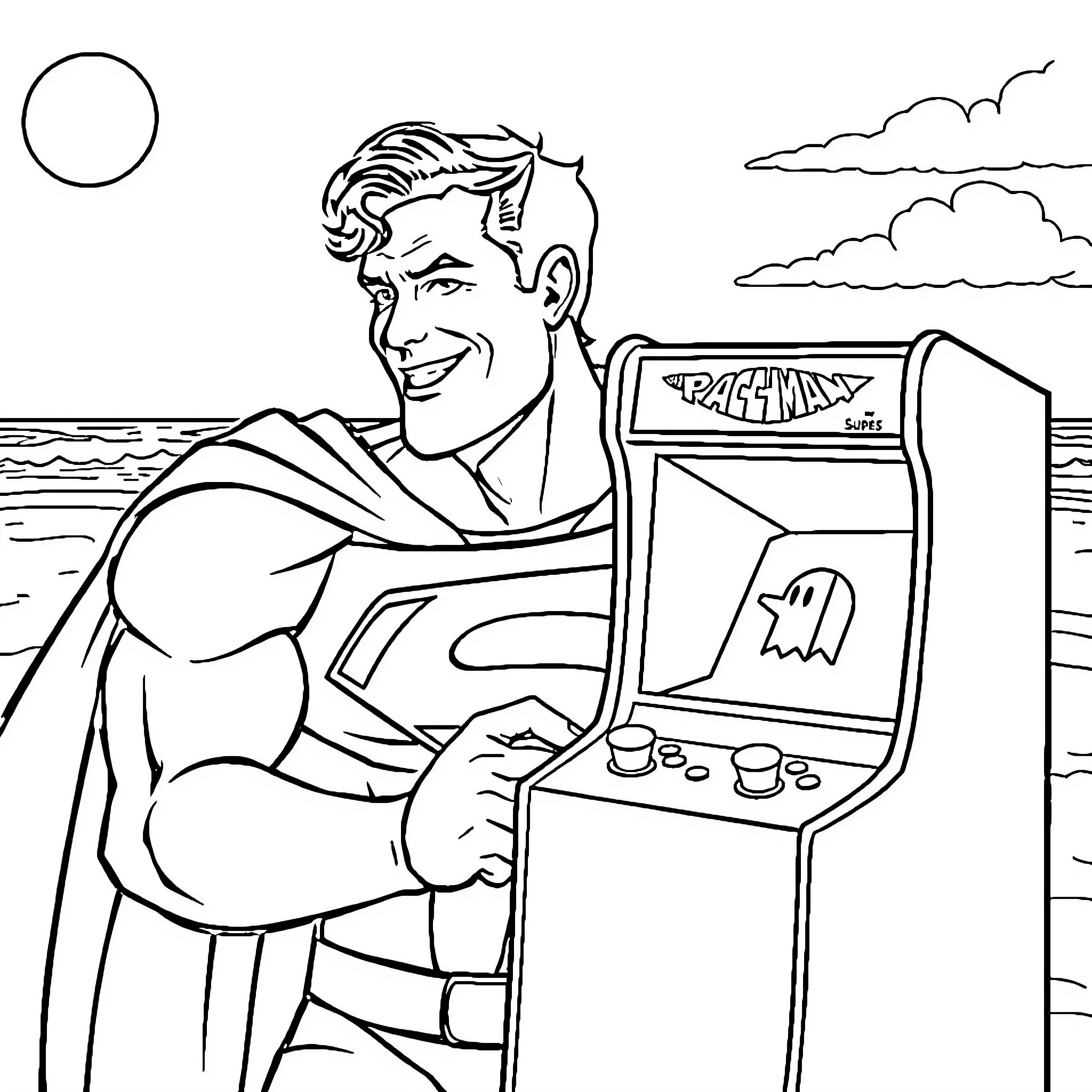 Superman playing an arcade game on the beach Coloring Page (free black-and-white line drawing printable PDF for all, from beginners to advanced learners, including children, teens, adults, and seniors)