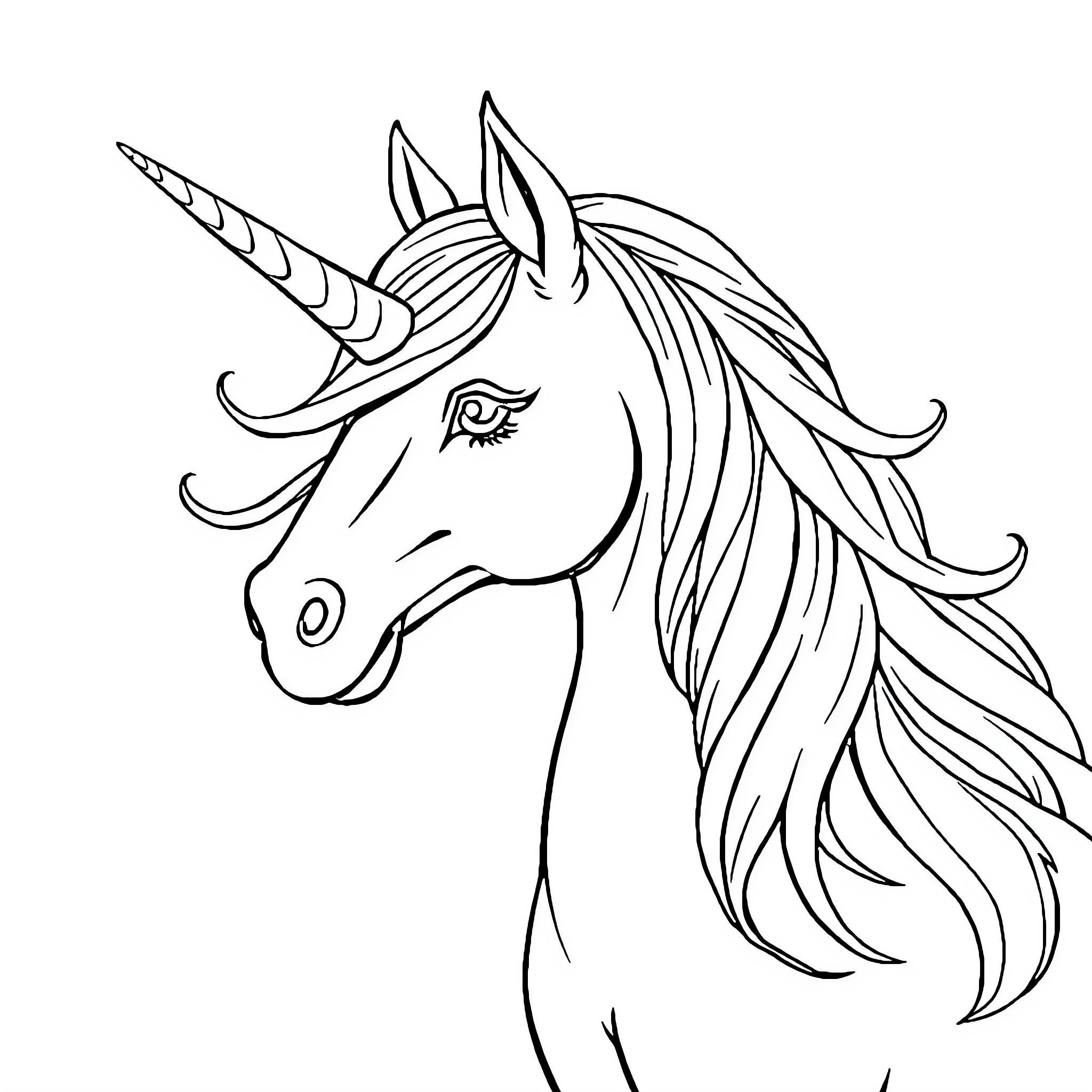 Unicorn with flowing mane and horn Coloring Page (free black-and-white line drawing printable PDF for all, from beginners to advanced learners, including children, teens, adults, and seniors)