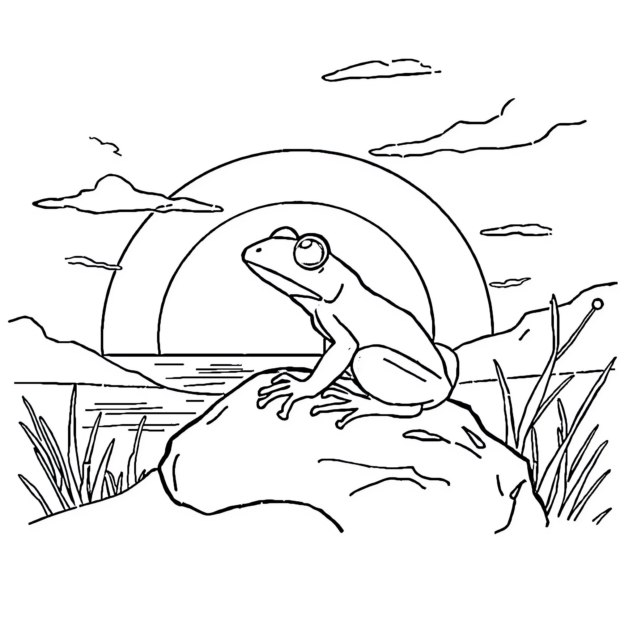 Frog relaxing in nature's serenity Coloring Page (free black-and-white line drawing printable PDF for all, from beginners to advanced learners, including children, teens, adults, and seniors)