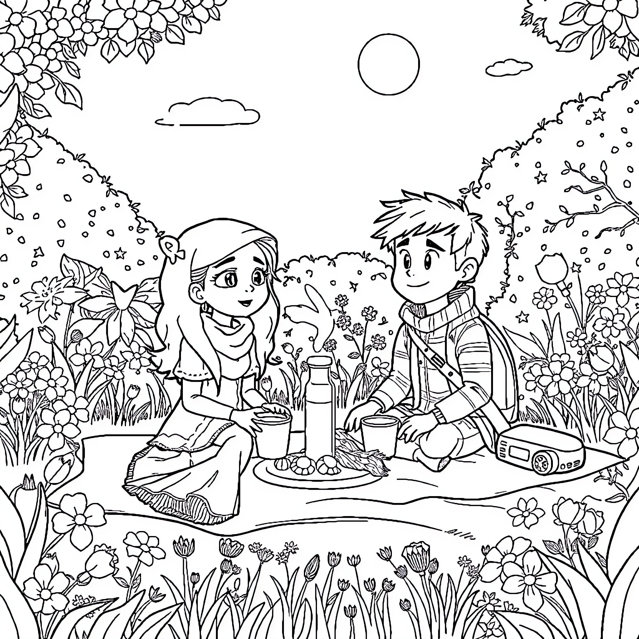Willow and friends enjoying a picnic in the garden Coloring Page (free black-and-white line drawing printable PDF for all, from beginners to advanced learners, including children, teens, adults, and seniors)