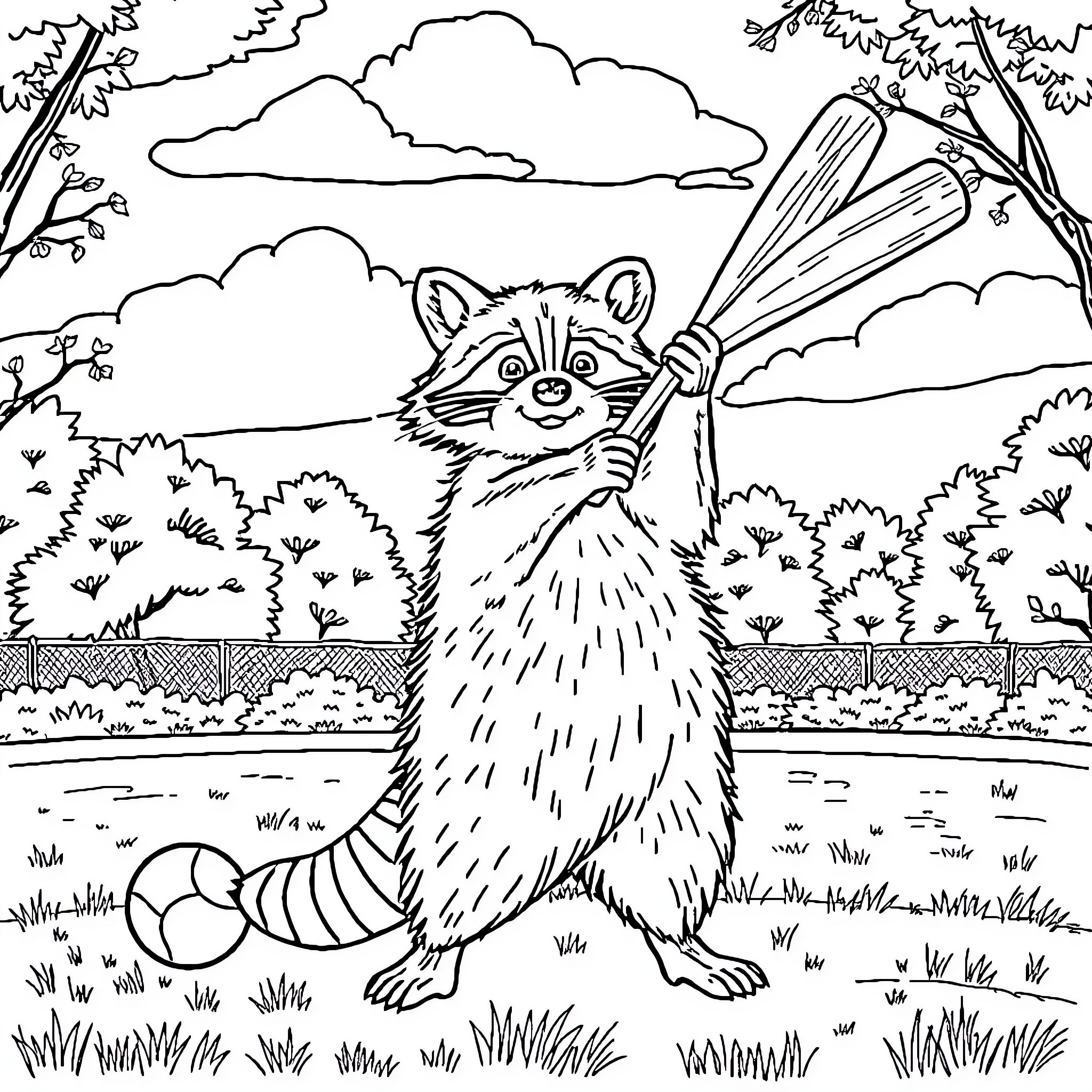 Raccoon exploring the outdoors with curiosity Coloring Page (free black-and-white line drawing printable PDF for all, from beginners to advanced learners, including children, teens, adults, and seniors)
