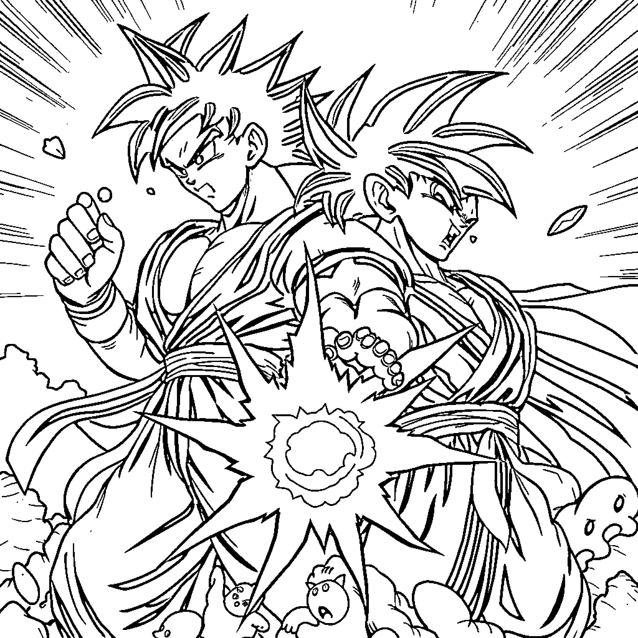 Dragonball Warriors Clash in Intense Battle Coloring Page (free black-and-white line drawing printable PDF for all, from beginners to advanced learners, including children, teens, adults, and seniors)