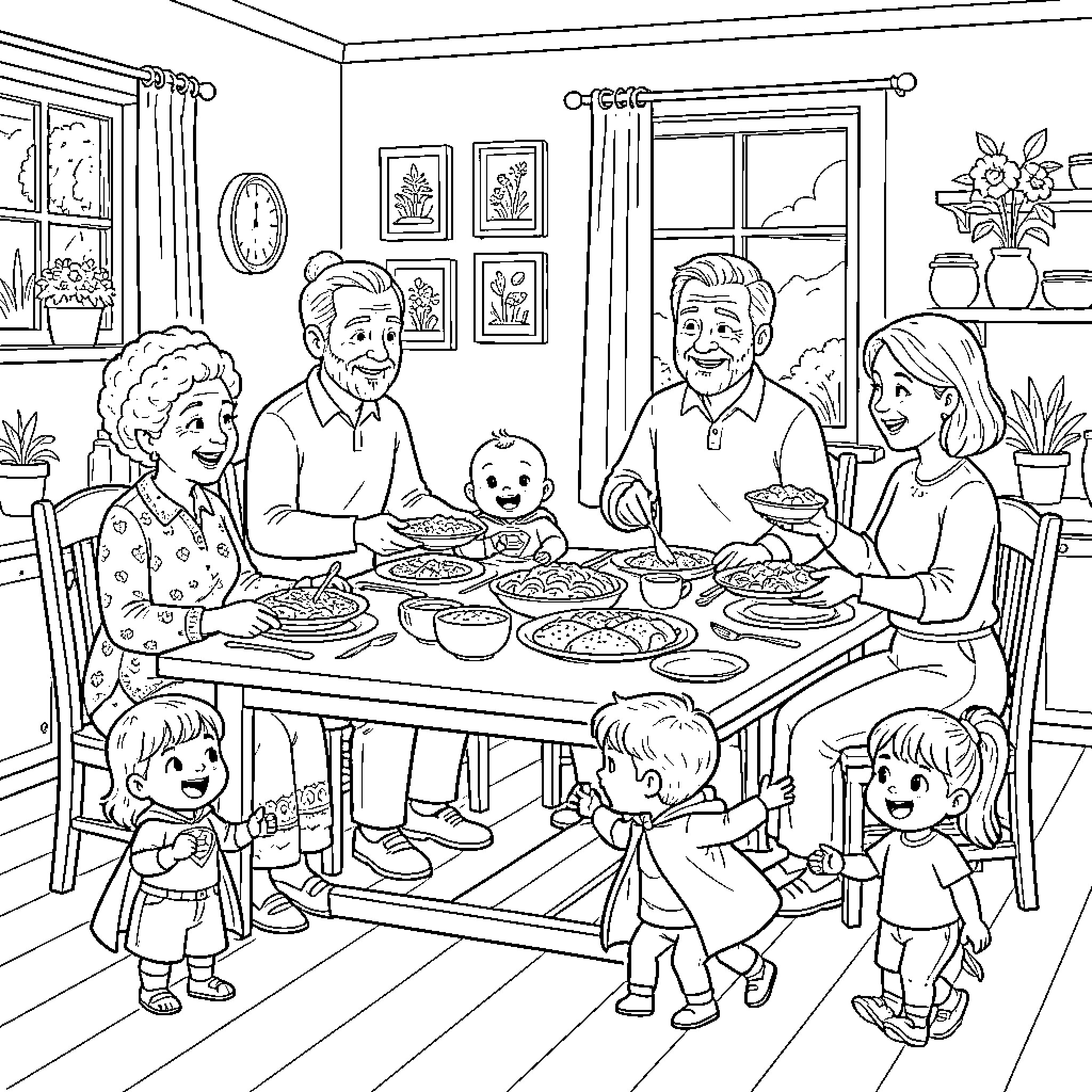 Familia Enjoying a Delightful Meal Together Coloring Page (free black-and-white line drawing printable PDF for all, from beginners to advanced learners, including children, teens, adults, and seniors)