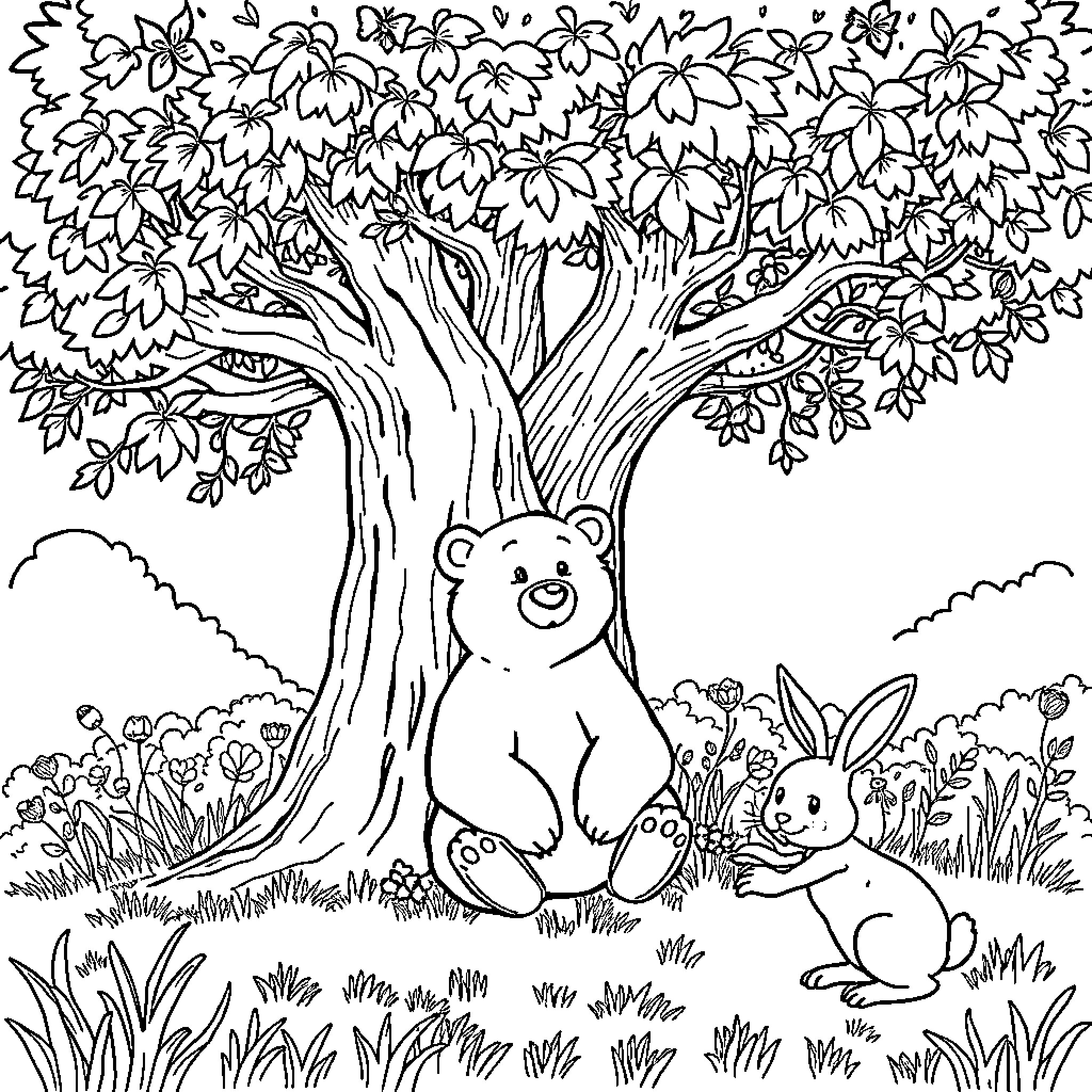 Bear and Rabbit enjoying nature under the tree Coloring Page (free black-and-white line drawing printable PDF for all, from beginners to advanced learners, including children, teens, adults, and seniors)