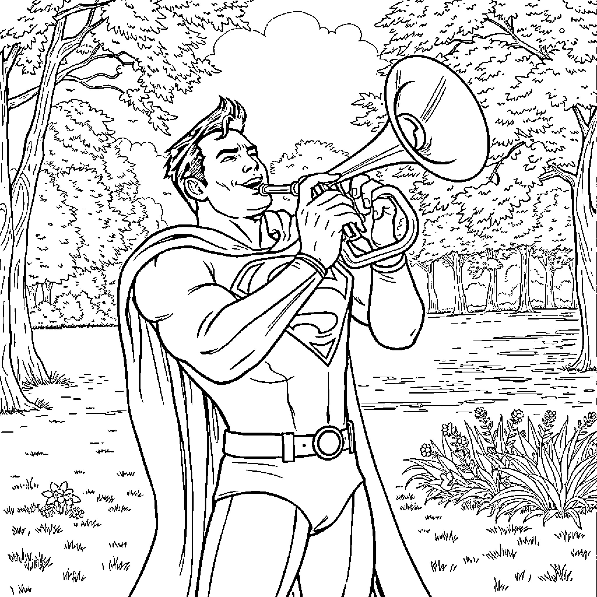Superman playing a trumpet in the forest Coloring Page (free black-and-white line drawing printable PDF for all, from beginners to advanced learners, including children, teens, adults, and seniors)