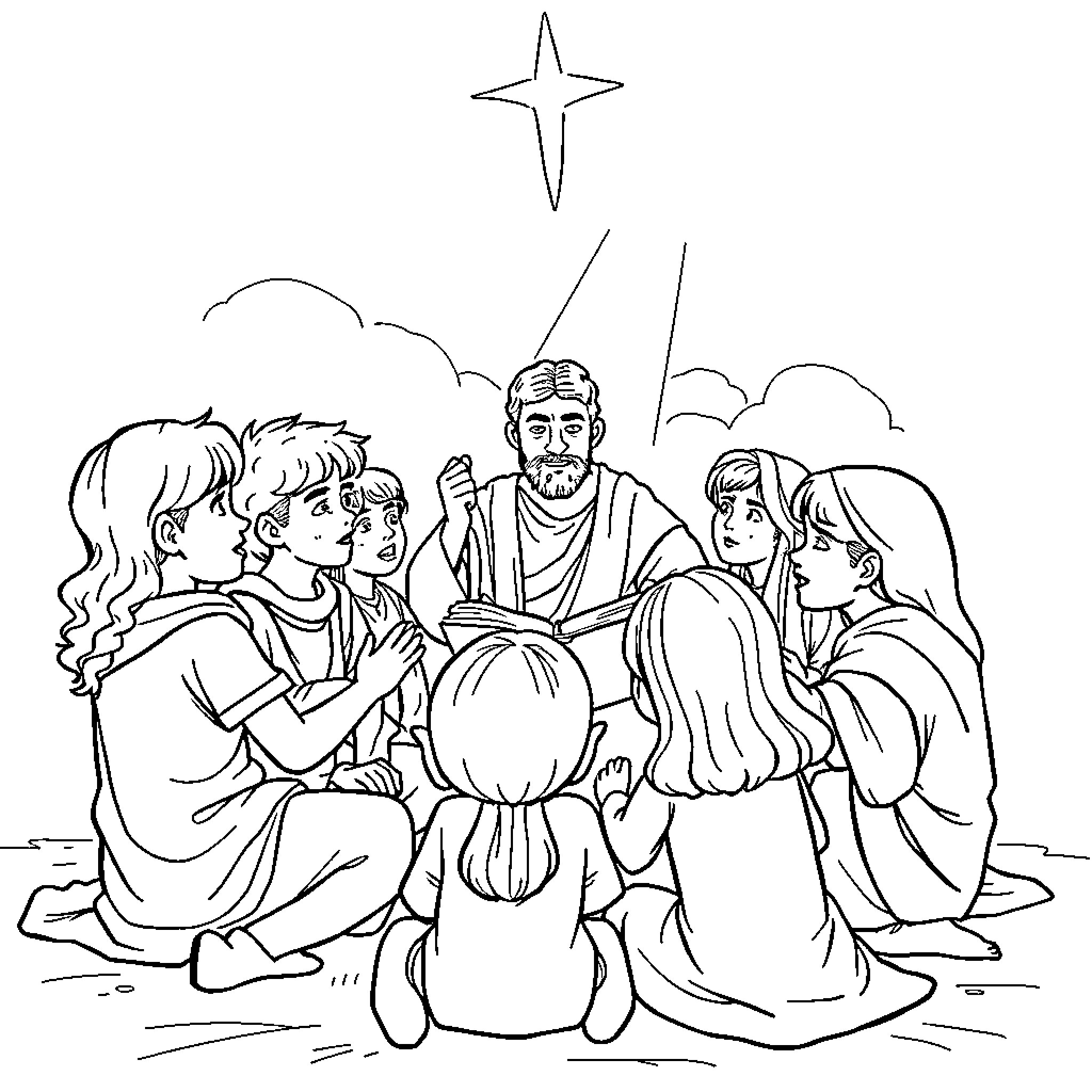 Jesus teaching and surrounded by his disciples Coloring Page (free black-and-white line drawing printable PDF for all, from beginners to advanced learners, including children, teens, adults, and seniors)