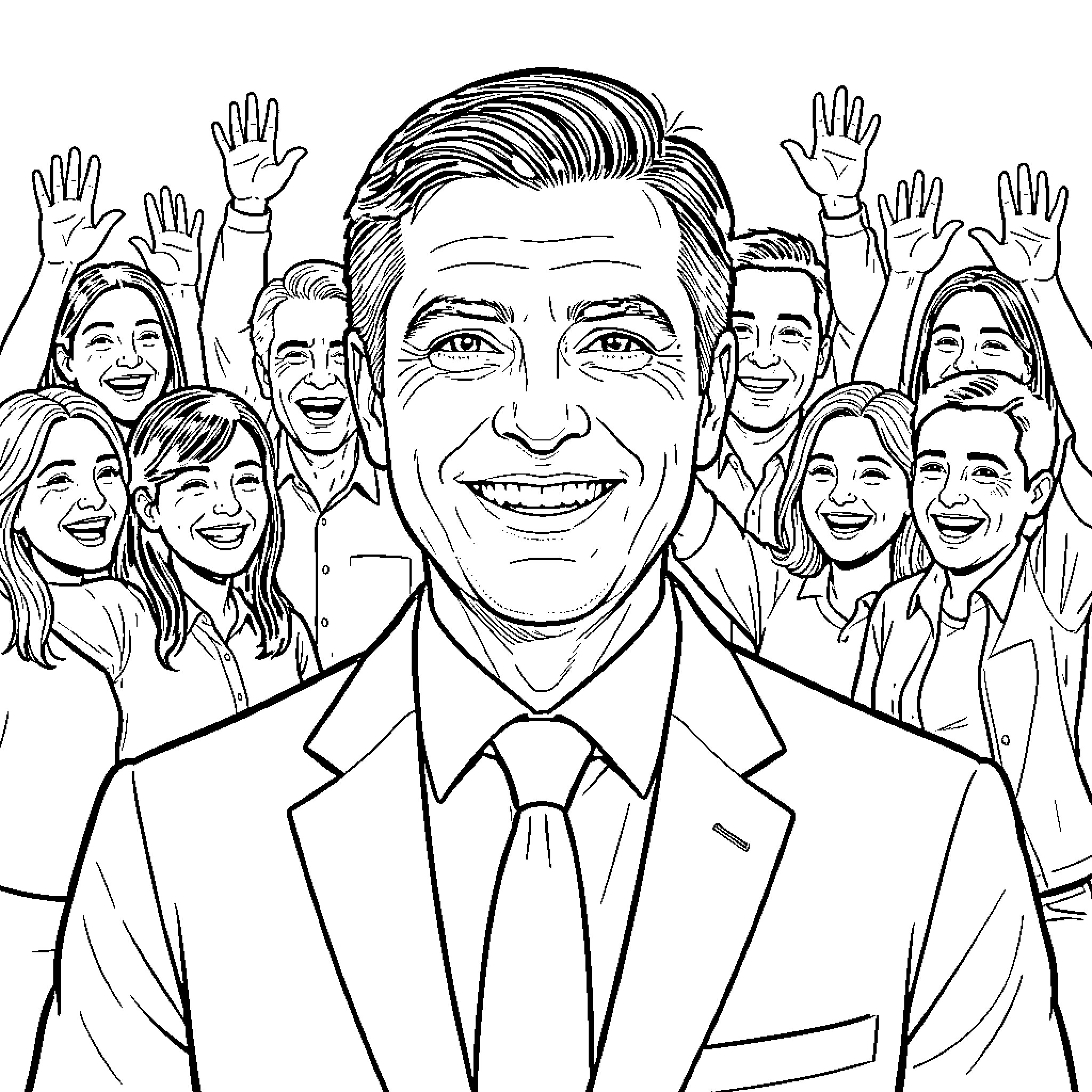 Pedro Sanchez addressing a supportive crowd Coloring Page (free black-and-white line drawing printable PDF for all, from beginners to advanced learners, including children, teens, adults, and seniors)