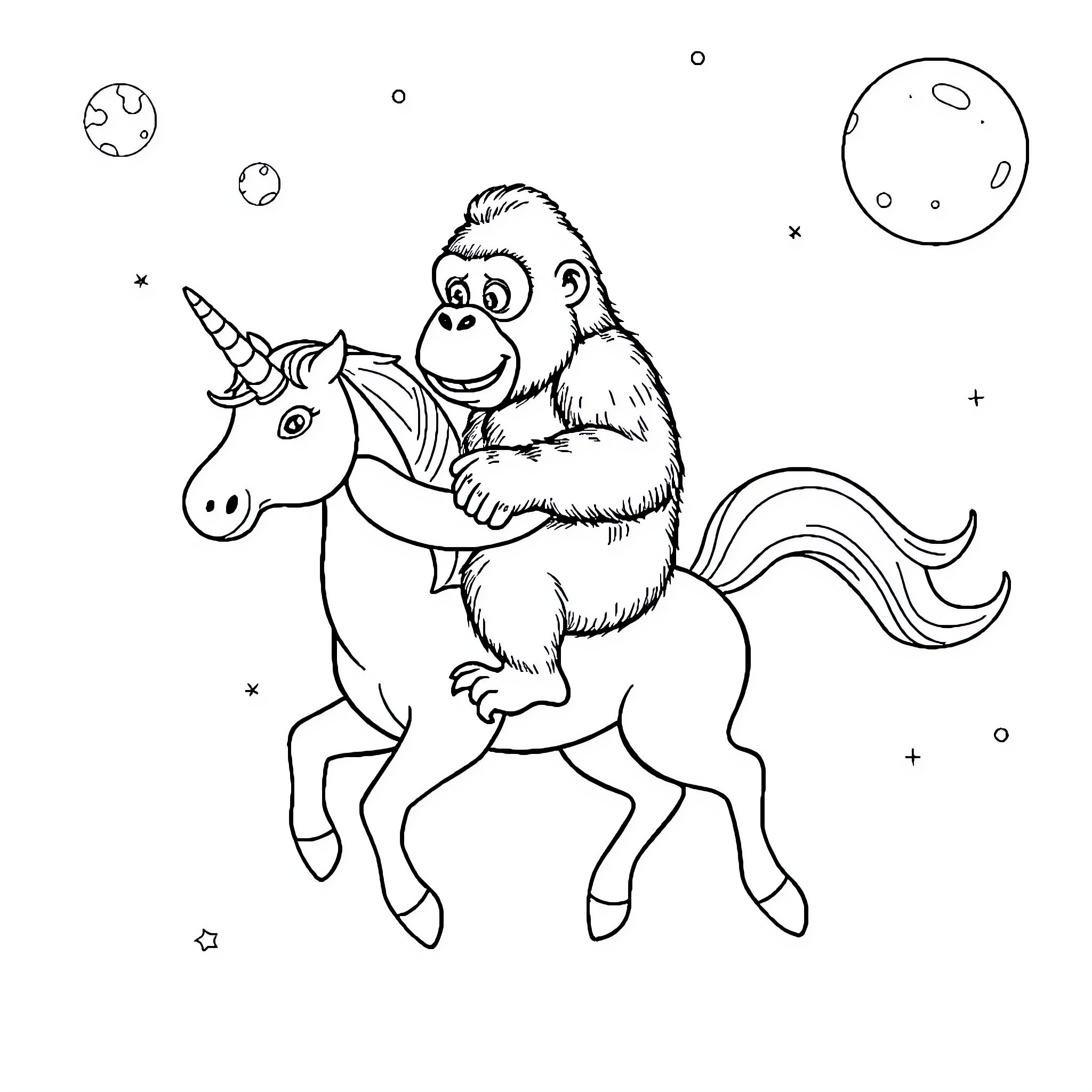 Gorilla riding a magical unicorn in space Coloring Page (free black-and-white line drawing printable PDF for all, from beginners to advanced learners, including children, teens, adults, and seniors)