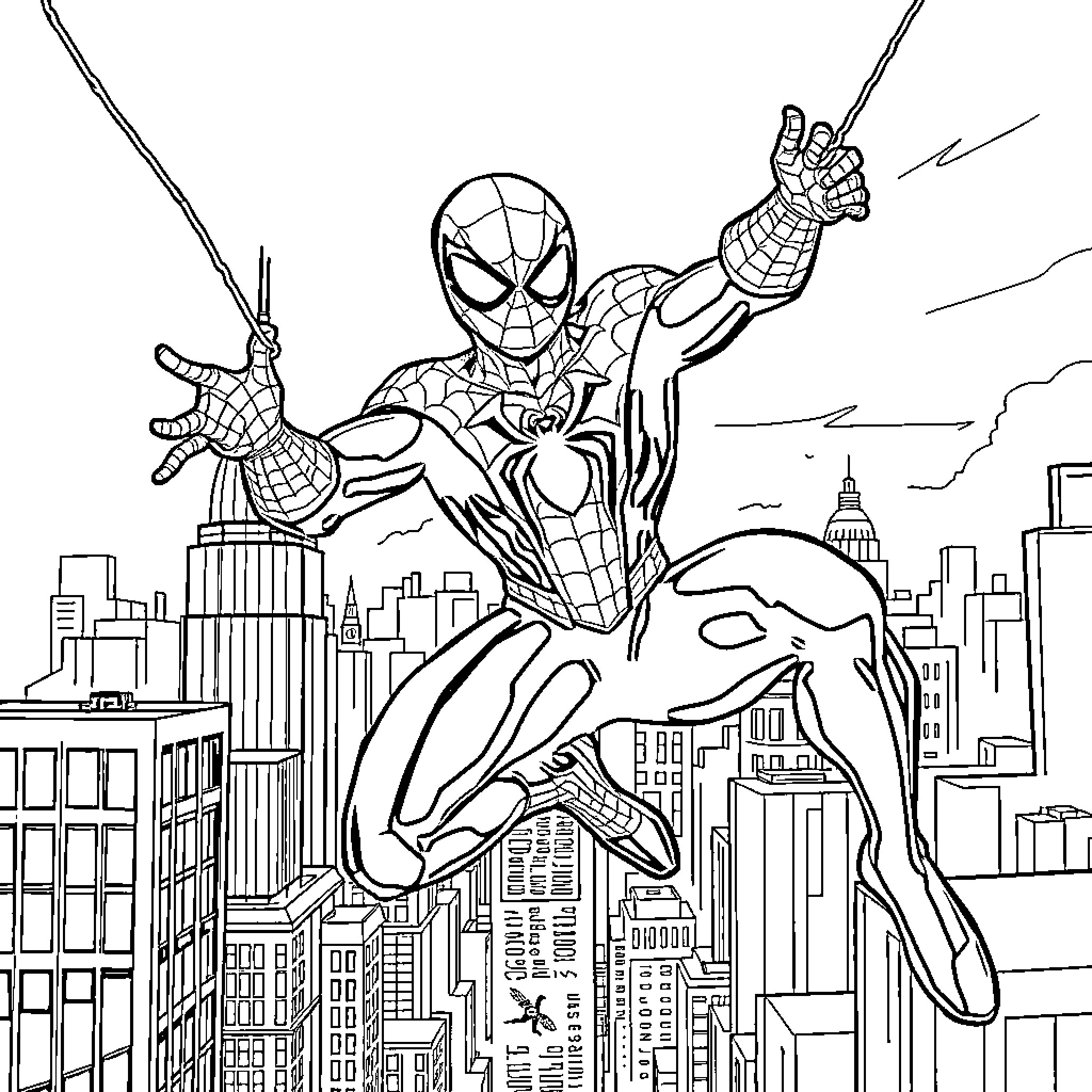 Spider-Man swinging through the city skyline Coloring Page (free black-and-white line drawing printable PDF for all, from beginners to advanced learners, including children, teens, adults, and seniors)