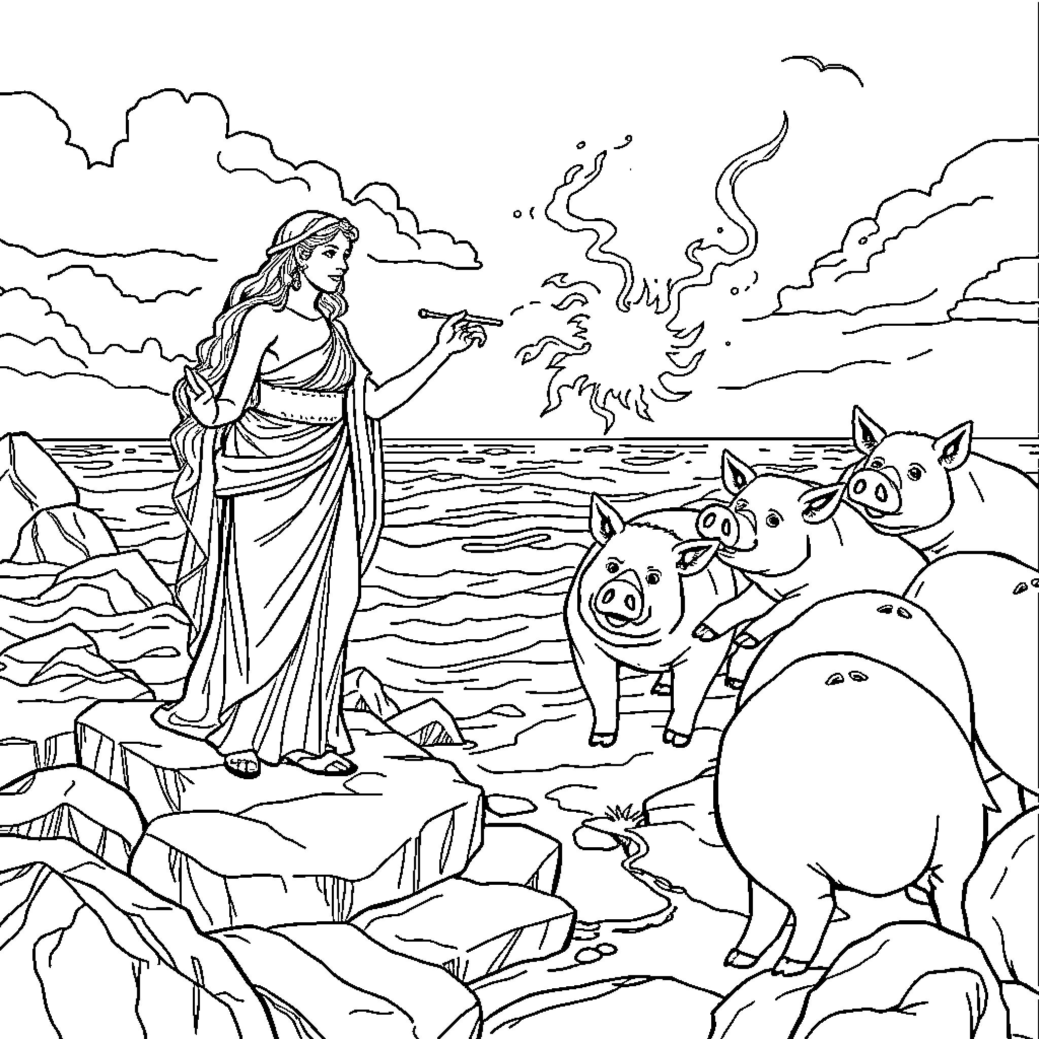 Circe conjuring magic amidst the sea and animals Coloring Page (free black-and-white line drawing printable PDF for all, from beginners to advanced learners, including children, teens, adults, and seniors)