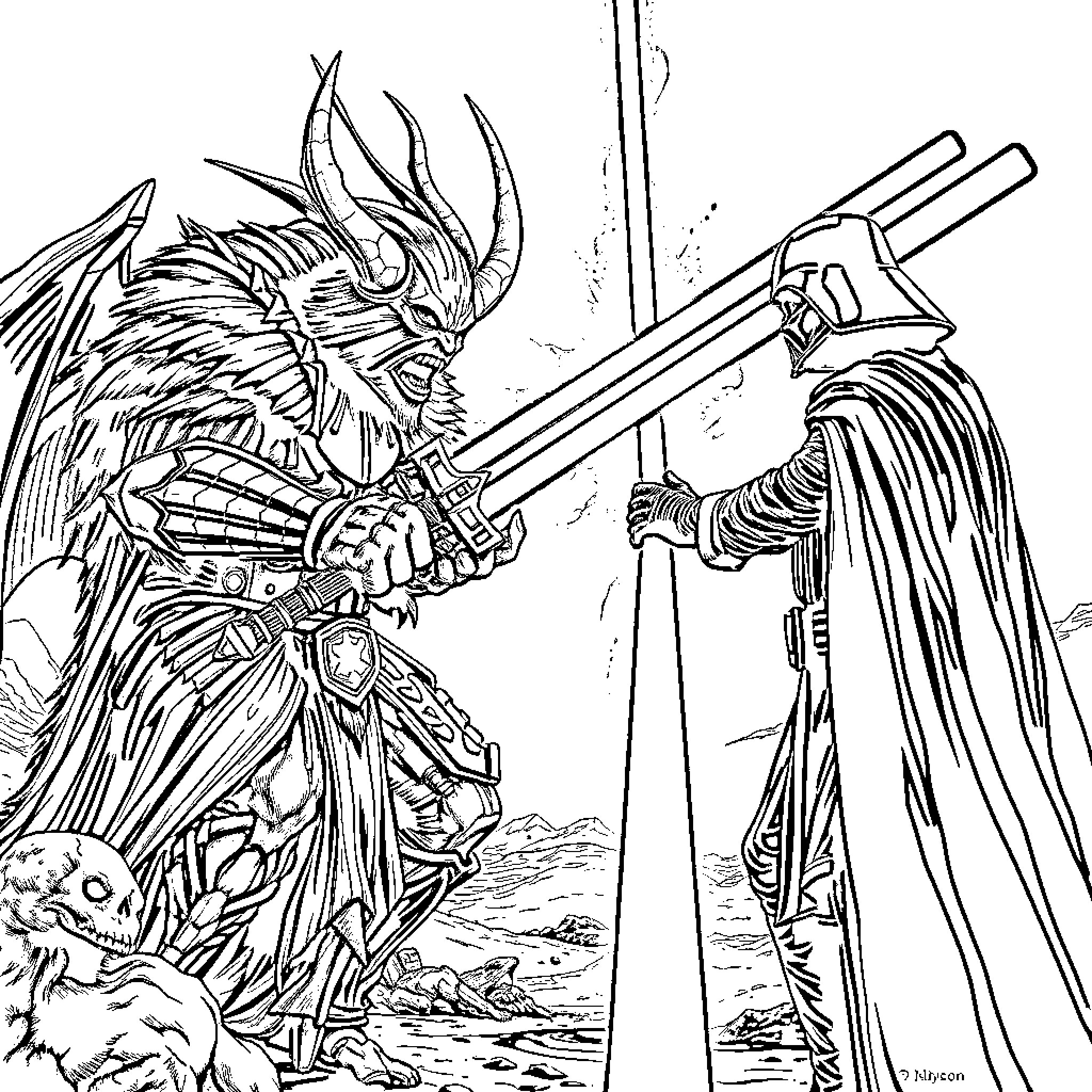Sauron, the Dark Lord, in fierce battle with a mighty warrior Coloring Page (free black-and-white line drawing printable PDF for all, from beginners to advanced learners, including children, teens, adults, and seniors)