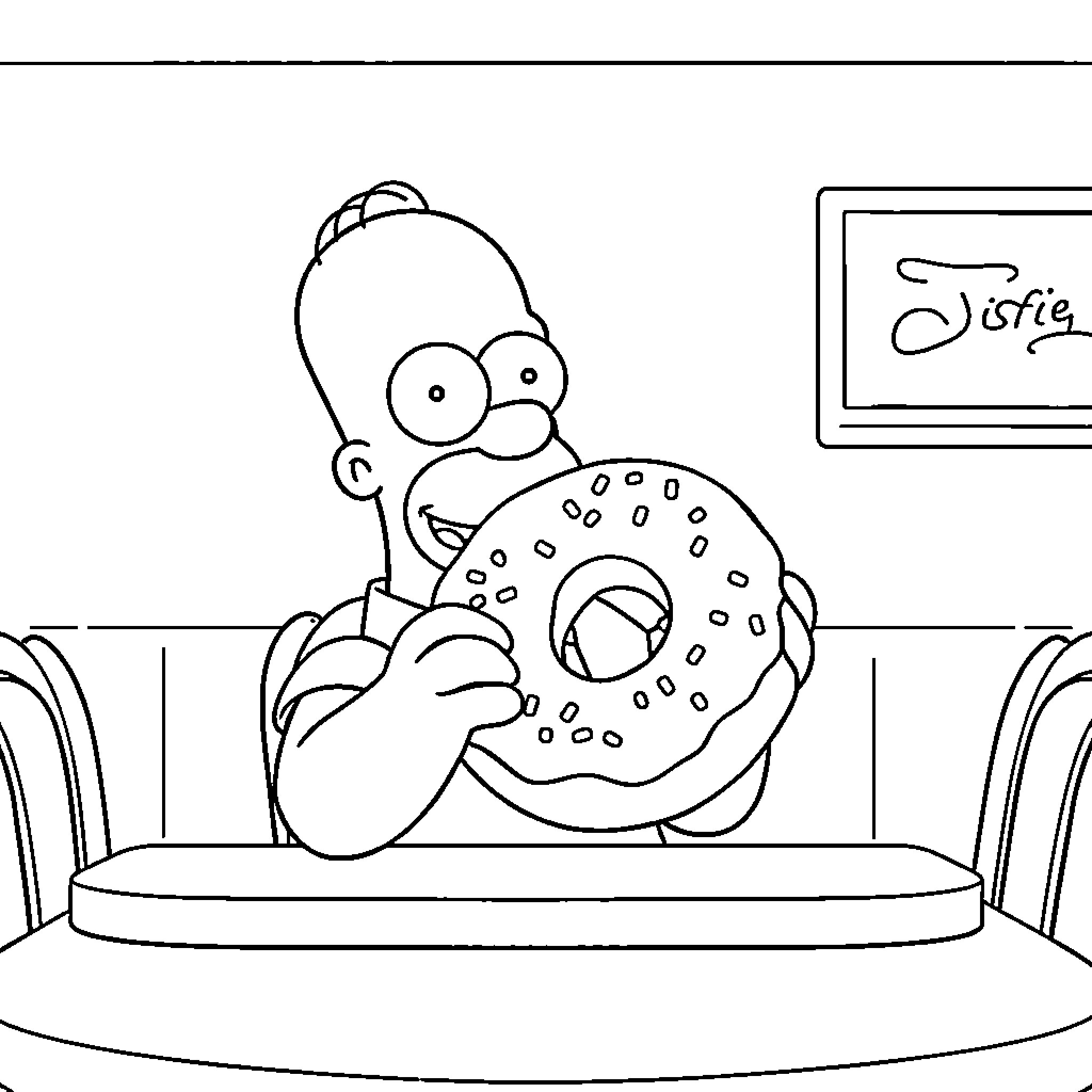 Homer devouring a donut in a dining room Coloring Page (free black-and-white line drawing printable PDF for all, from beginners to advanced learners, including children, teens, adults, and seniors)