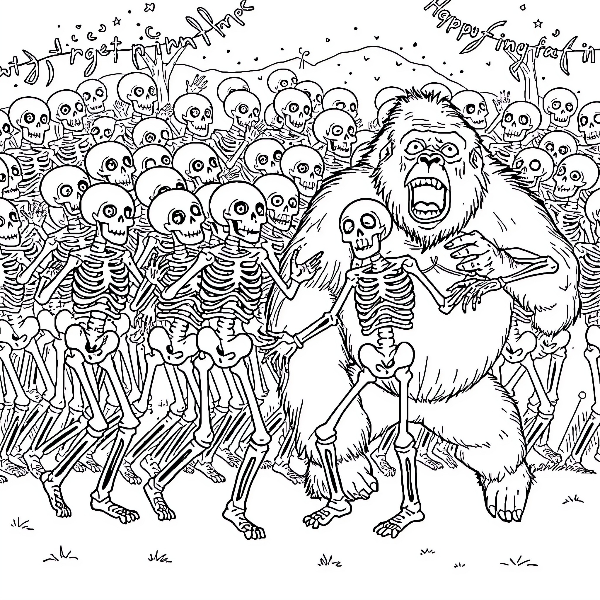 Skeleton horde with a roaring creature in the center Coloring Page (free black-and-white line drawing printable PDF for all, from beginners to advanced learners, including children, teens, adults, and seniors)
