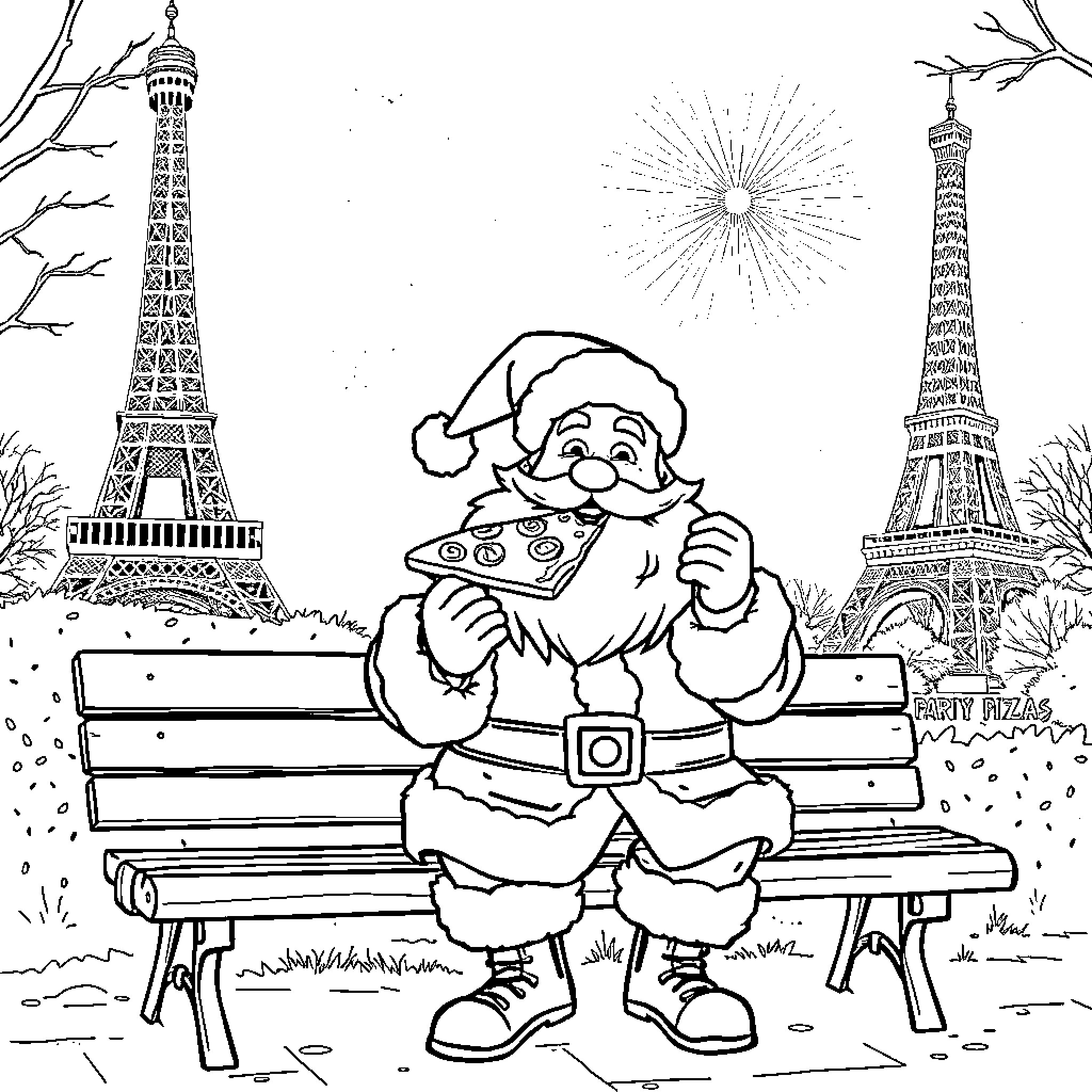 Santa Claus relaxing on a park bench in Paris Coloring Page (free black-and-white line drawing printable PDF for all, from beginners to advanced learners, including children, teens, adults, and seniors)