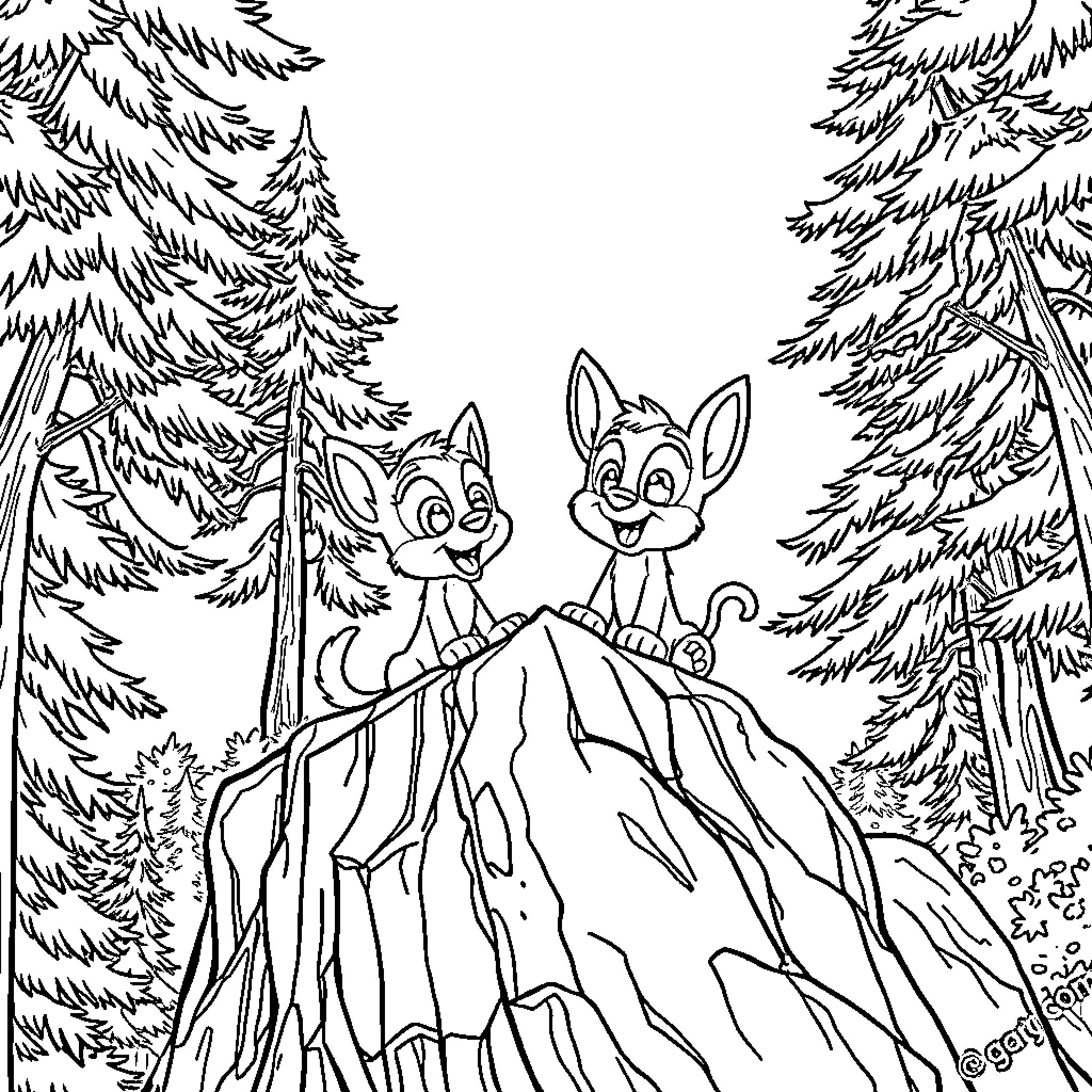 Bluey and Friends Exploring the Enchanted Forest Coloring Page (free black-and-white line drawing printable PDF for all, from beginners to advanced learners, including children, teens, adults, and seniors)