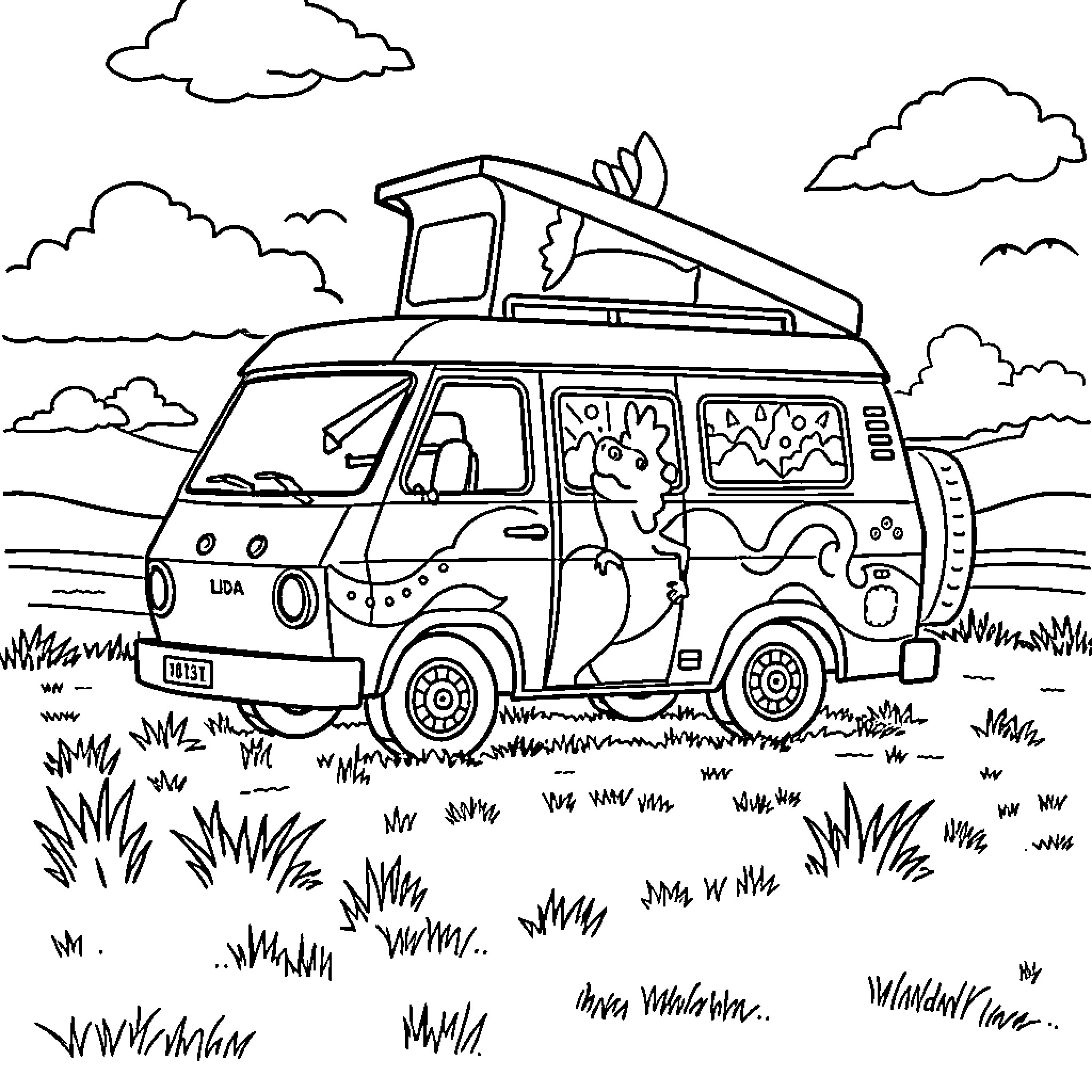 Dinosaur family on a fun road trip adventure Coloring Page (free black-and-white line drawing printable PDF for all, from beginners to advanced learners, including children, teens, adults, and seniors)