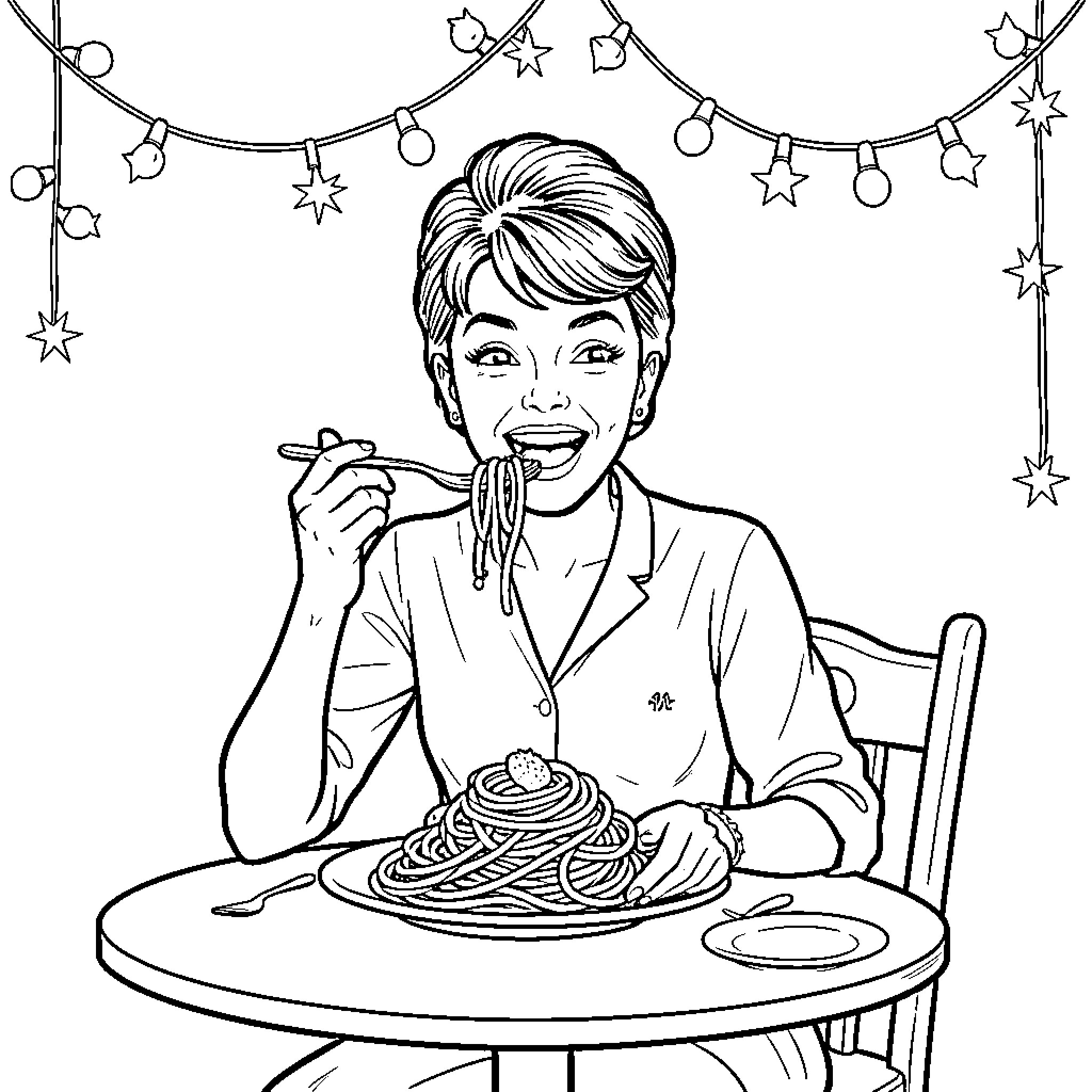 Audrey Hepburn Enjoying a Festive Meal Coloring Page (free black-and-white line drawing printable PDF for all, from beginners to advanced learners, including children, teens, adults, and seniors)