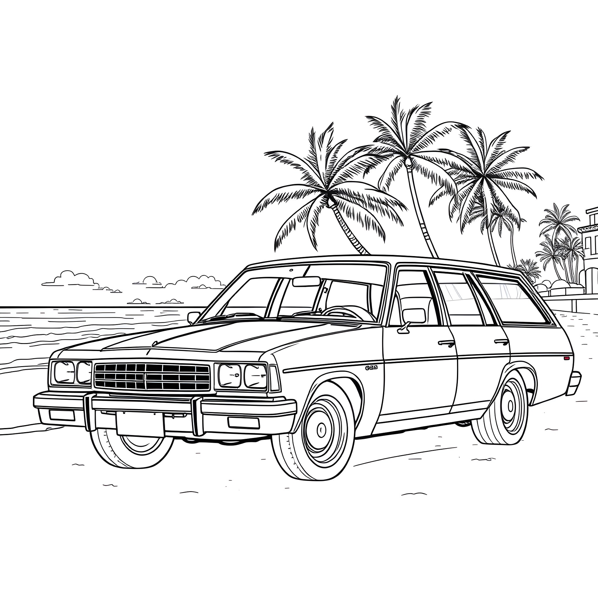 Commodore's Tropical Voyage in a Classic Station Wagon Coloring Page (free black-and-white line drawing printable PDF for all, from beginners to advanced learners, including children, teens, adults, and seniors)