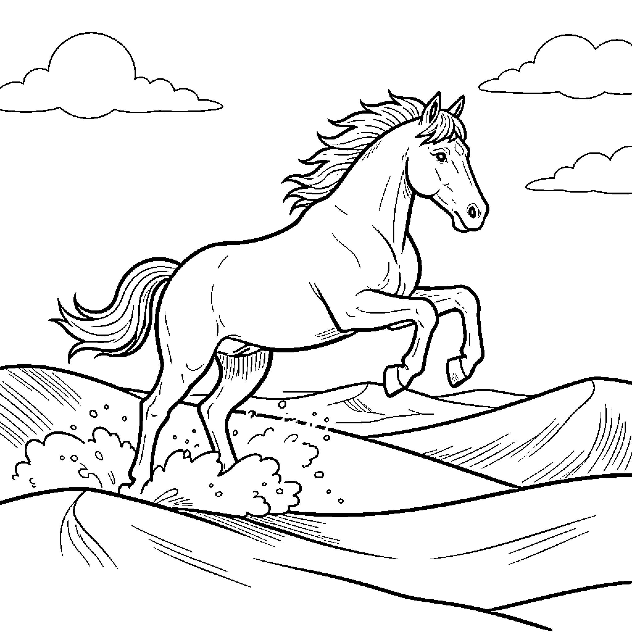 Horse galloping freely through the countryside Coloring Page (free black-and-white line drawing printable PDF for all, from beginners to advanced learners, including children, teens, adults, and seniors)