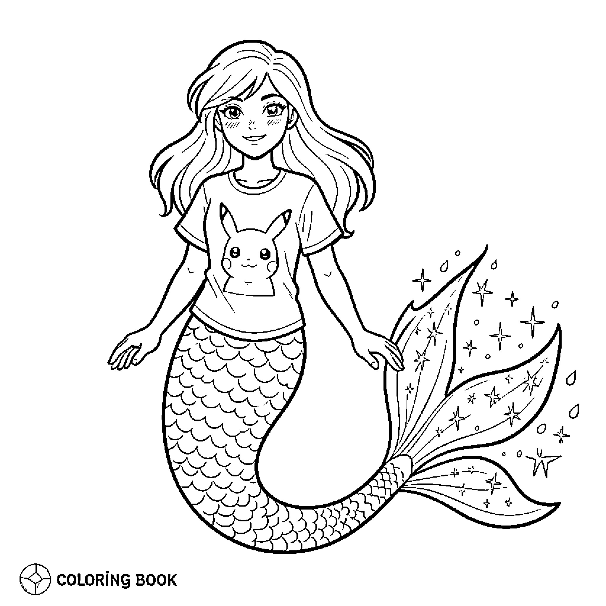 Mermaid wearing a t-shirt and smiling happily Coloring Page (free black-and-white line drawing printable PDF for all, from beginners to advanced learners, including children, teens, adults, and seniors)