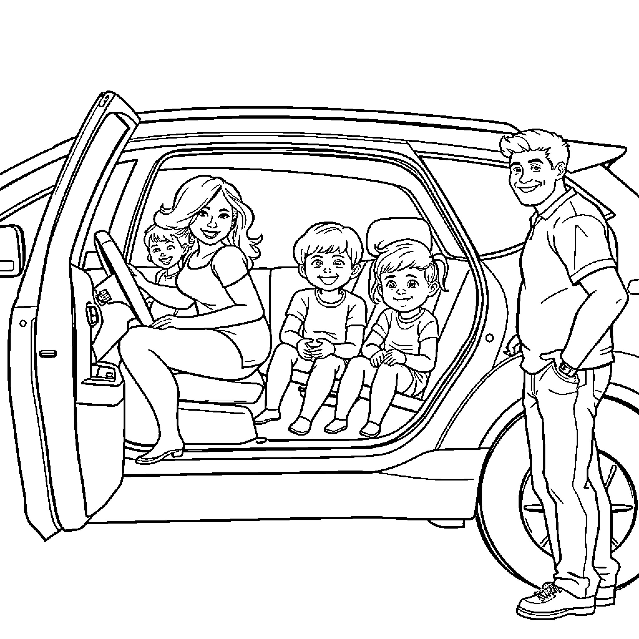 Woman with family on road trip in car Coloring Page (free black-and-white line drawing printable PDF for all, from beginners to advanced learners, including children, teens, adults, and seniors)