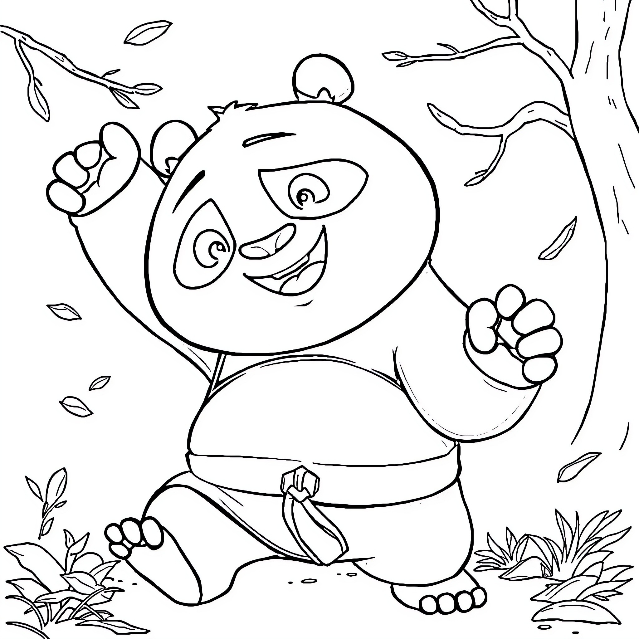 Kung Fu Panda in a playful pose outdoors Coloring Page (free black-and-white line drawing printable PDF for all, from beginners to advanced learners, including children, teens, adults, and seniors)