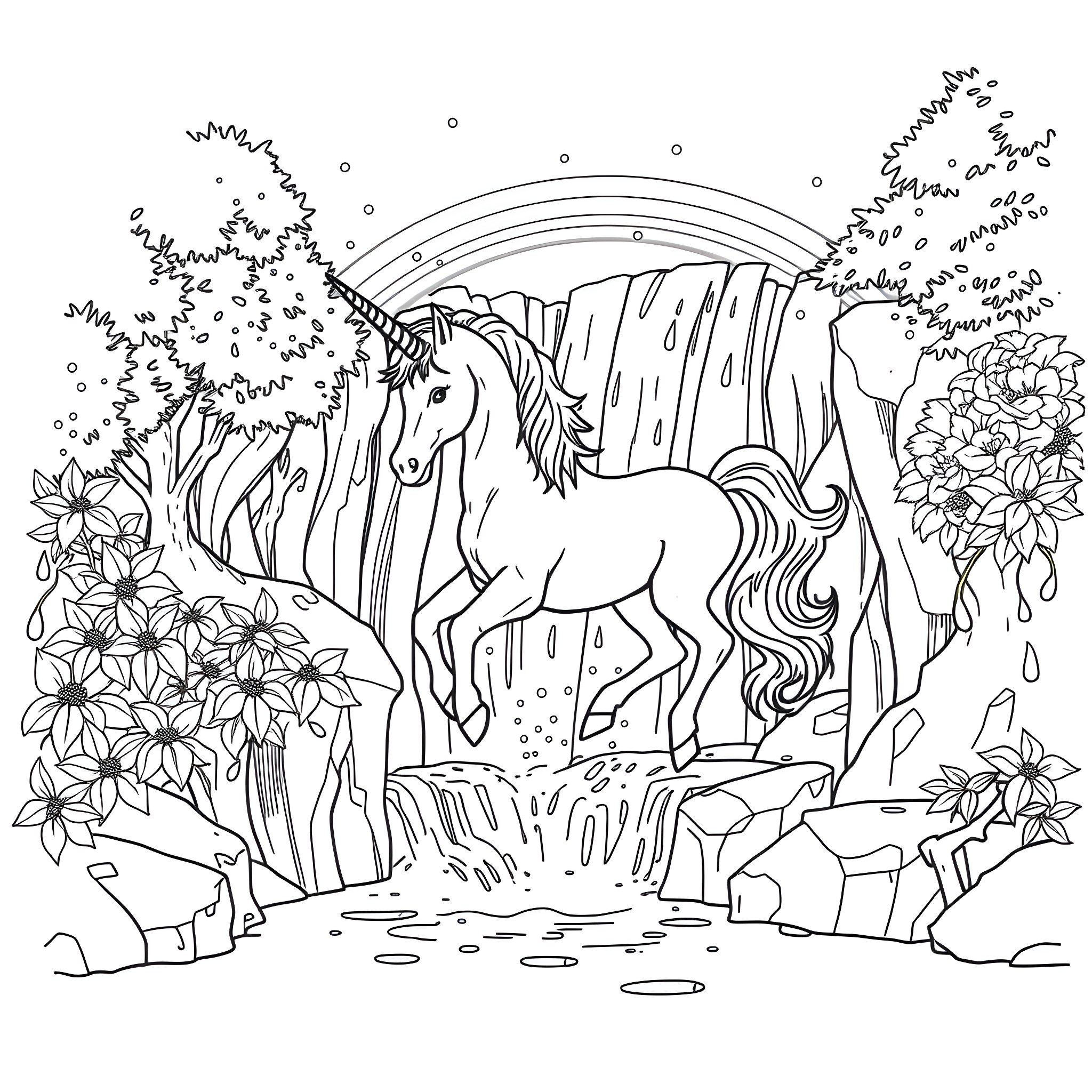 Unicorn in a magical fantasy landscape Coloring Page (free black-and-white line drawing printable PDF for all, from beginners to advanced learners, including children, teens, adults, and seniors)