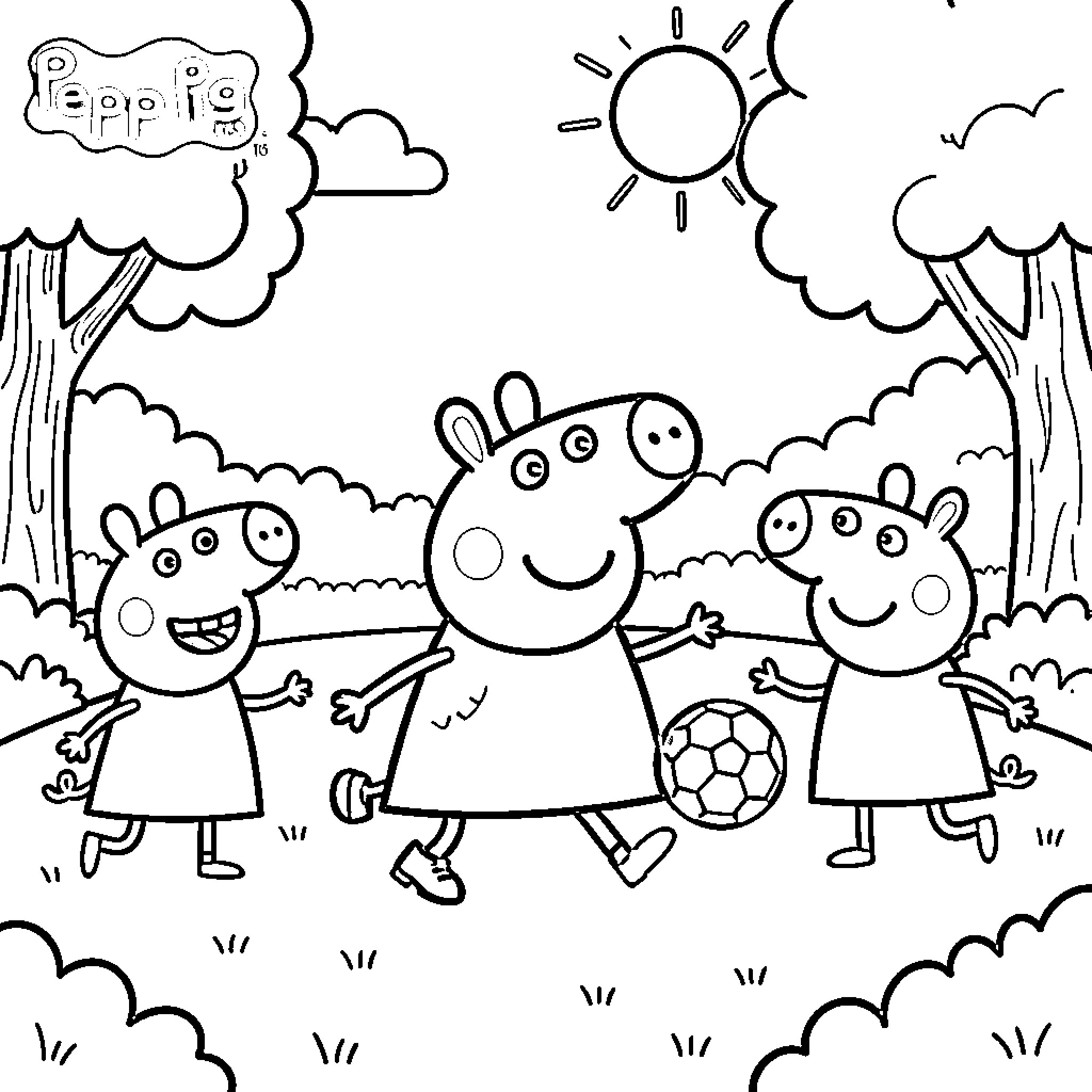 Peppa Pig and friends playing with a soccer ball Coloring Page (free black-and-white line drawing printable PDF for all, from beginners to advanced learners, including children, teens, adults, and seniors)