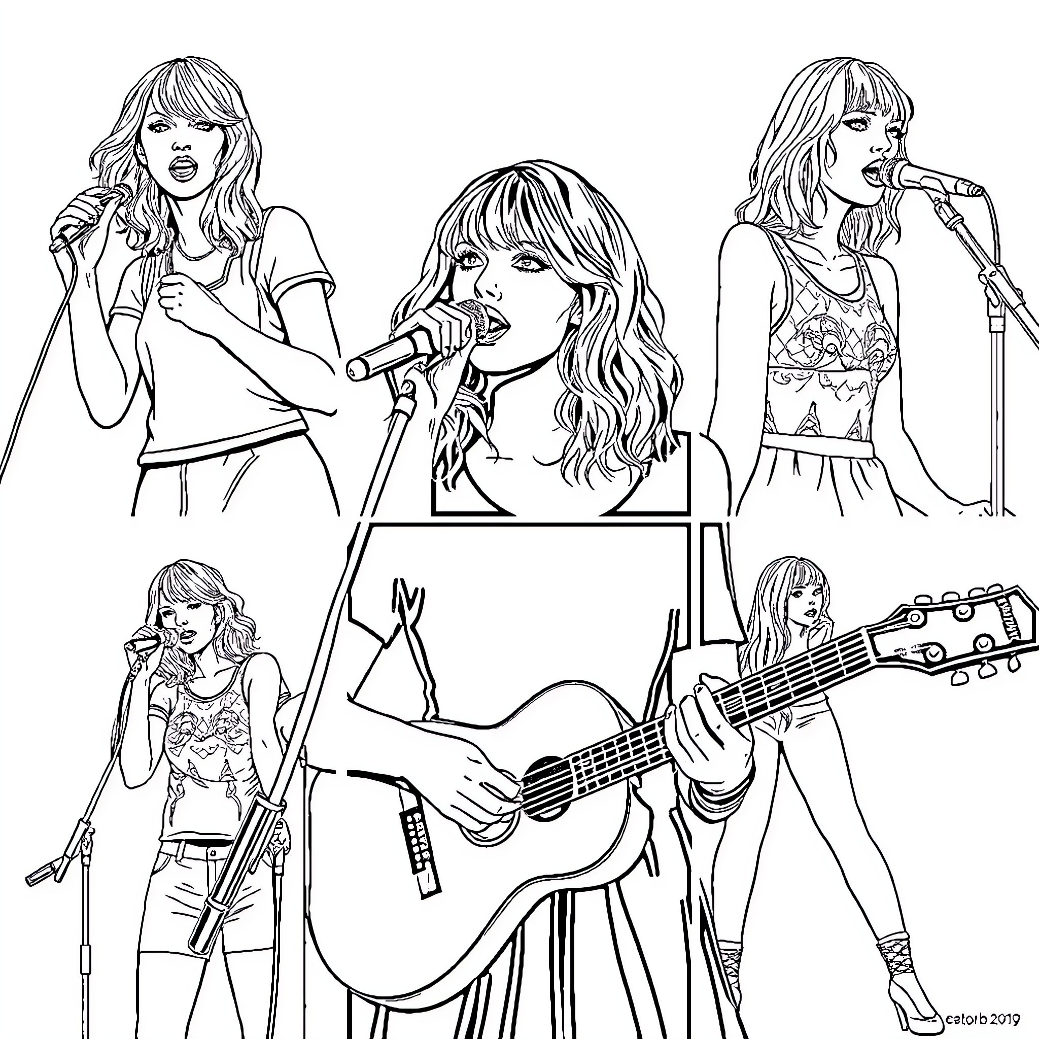 Taylor Swift performing on stage with various expressions and outfits Coloring Page (free black-and-white line drawing printable PDF for all, from beginners to advanced learners, including children, teens, adults, and seniors)