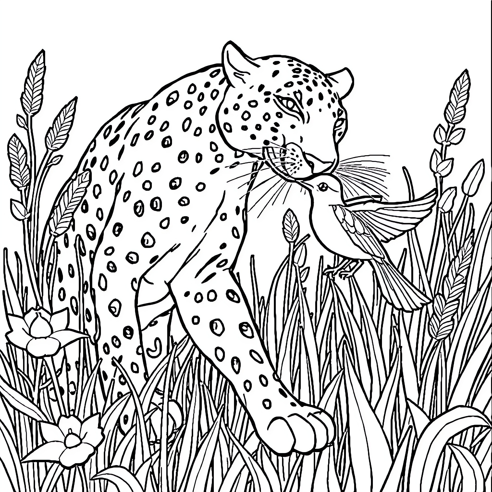 Panther observing hummingbird in lush vegetation Coloring Page (free black-and-white line drawing printable PDF for all, from beginners to advanced learners, including children, teens, adults, and seniors)