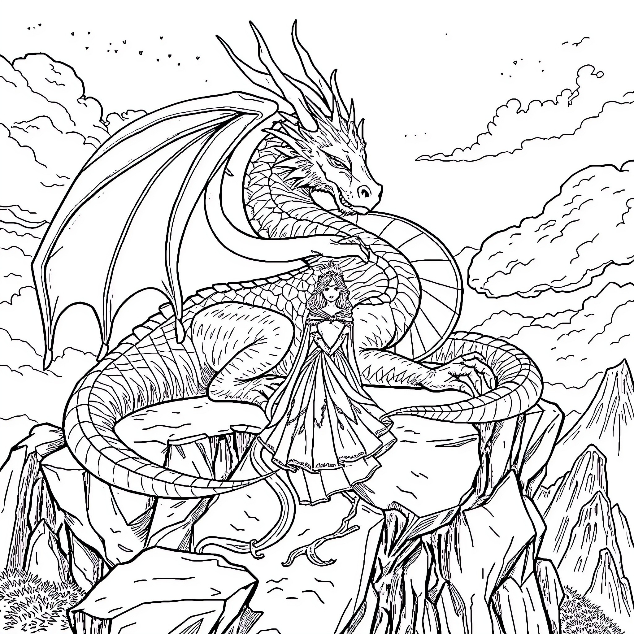 Dragon with a maiden amidst rocky mountains Coloring Page (free black-and-white line drawing printable PDF for all, from beginners to advanced learners, including children, teens, adults, and seniors)