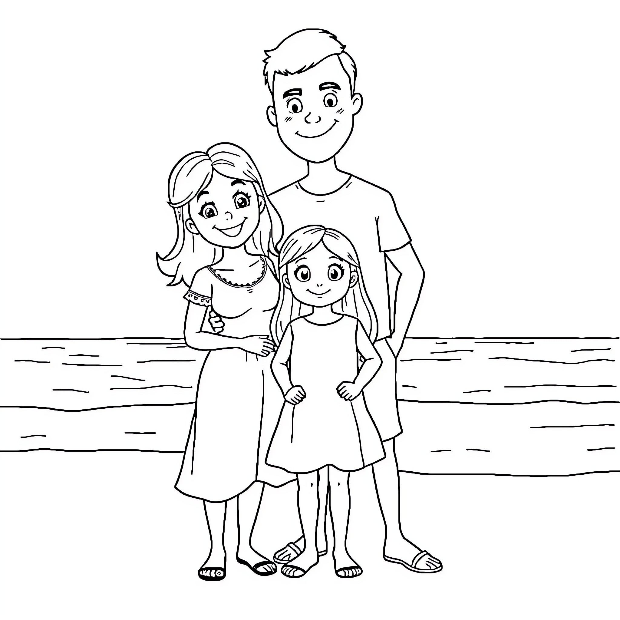 Girl with family by the beach Coloring Page (free black-and-white line drawing printable PDF for all, from beginners to advanced learners, including children, teens, adults, and seniors)