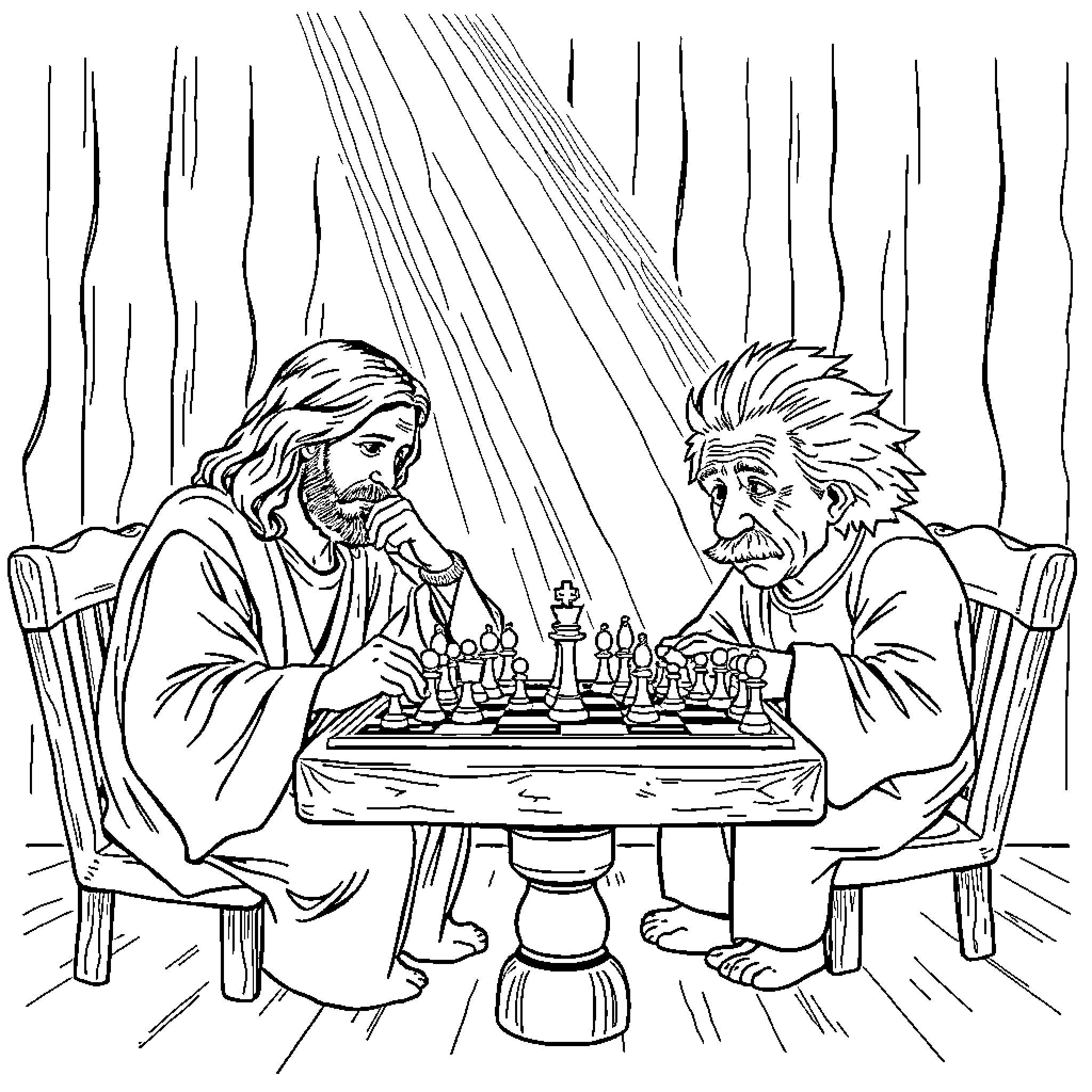 Jesus playing chess with an elderly man Coloring Page (free black-and-white line drawing printable PDF for all, from beginners to advanced learners, including children, teens, adults, and seniors)