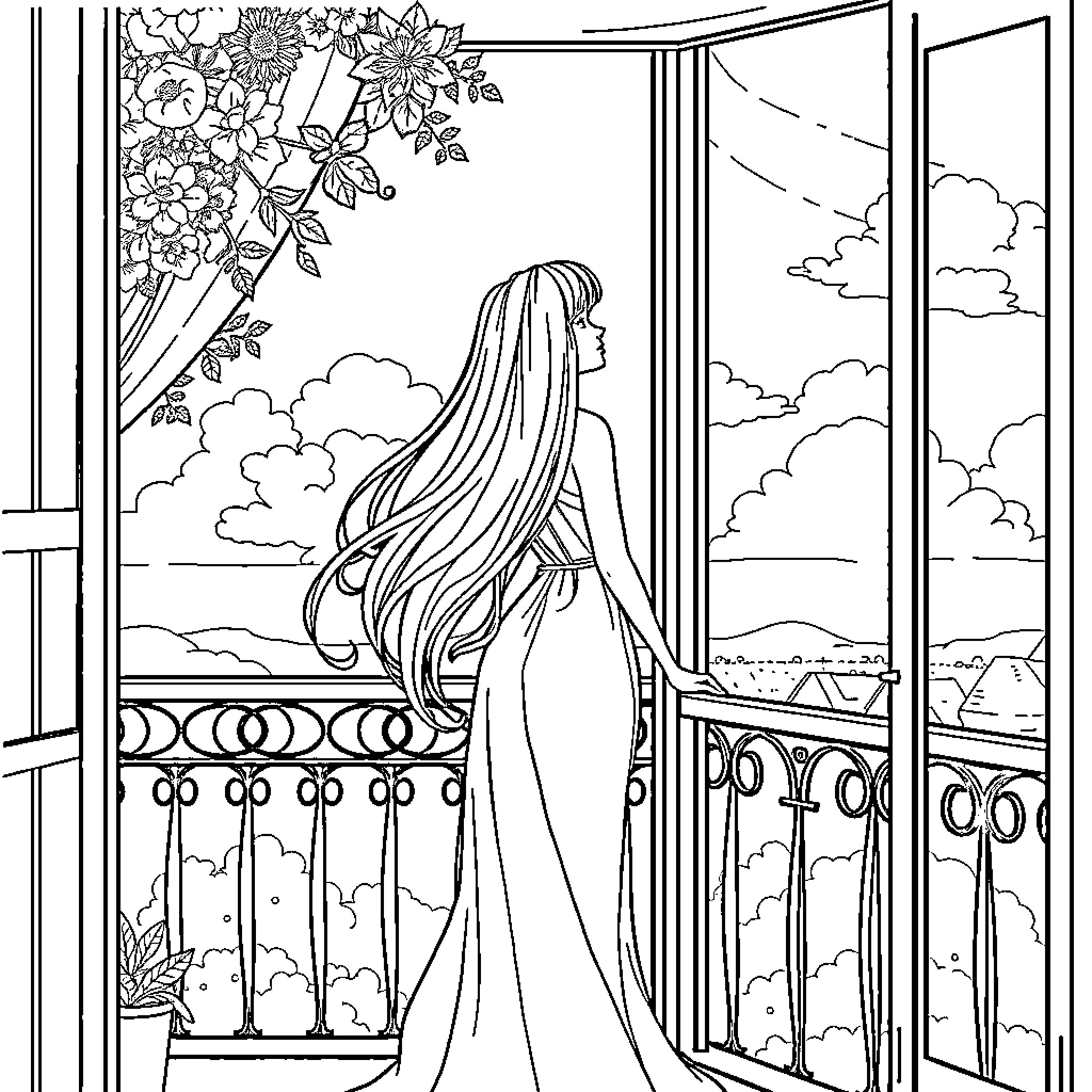 Girl gazing out through the window at the scenic view Coloring Page (free black-and-white line drawing printable PDF for all, from beginners to advanced learners, including children, teens, adults, and seniors)