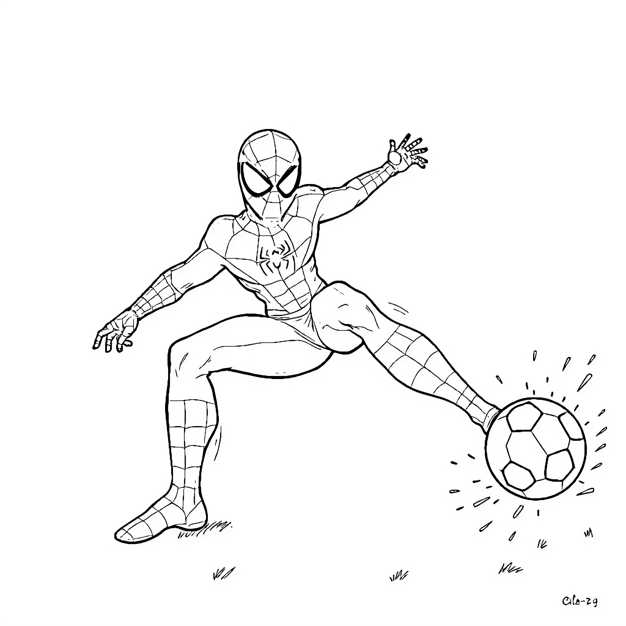 Spiderman playing with soccer ball Coloring Page (free black-and-white line drawing printable PDF for all, from beginners to advanced learners, including children, teens, adults, and seniors)