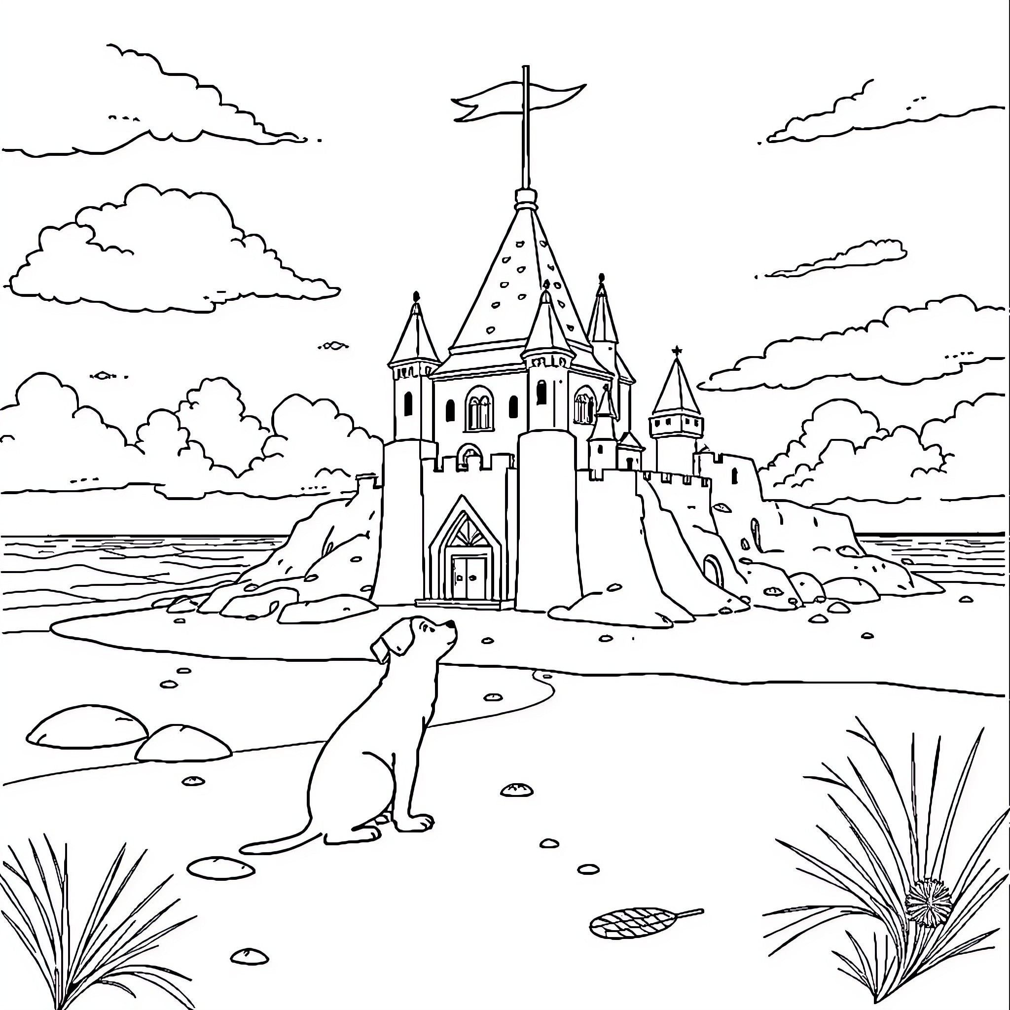 Bluey's Enchanted Castle Adventure Coloring Page (free black-and-white line drawing printable PDF for all, from beginners to advanced learners, including children, teens, adults, and seniors)