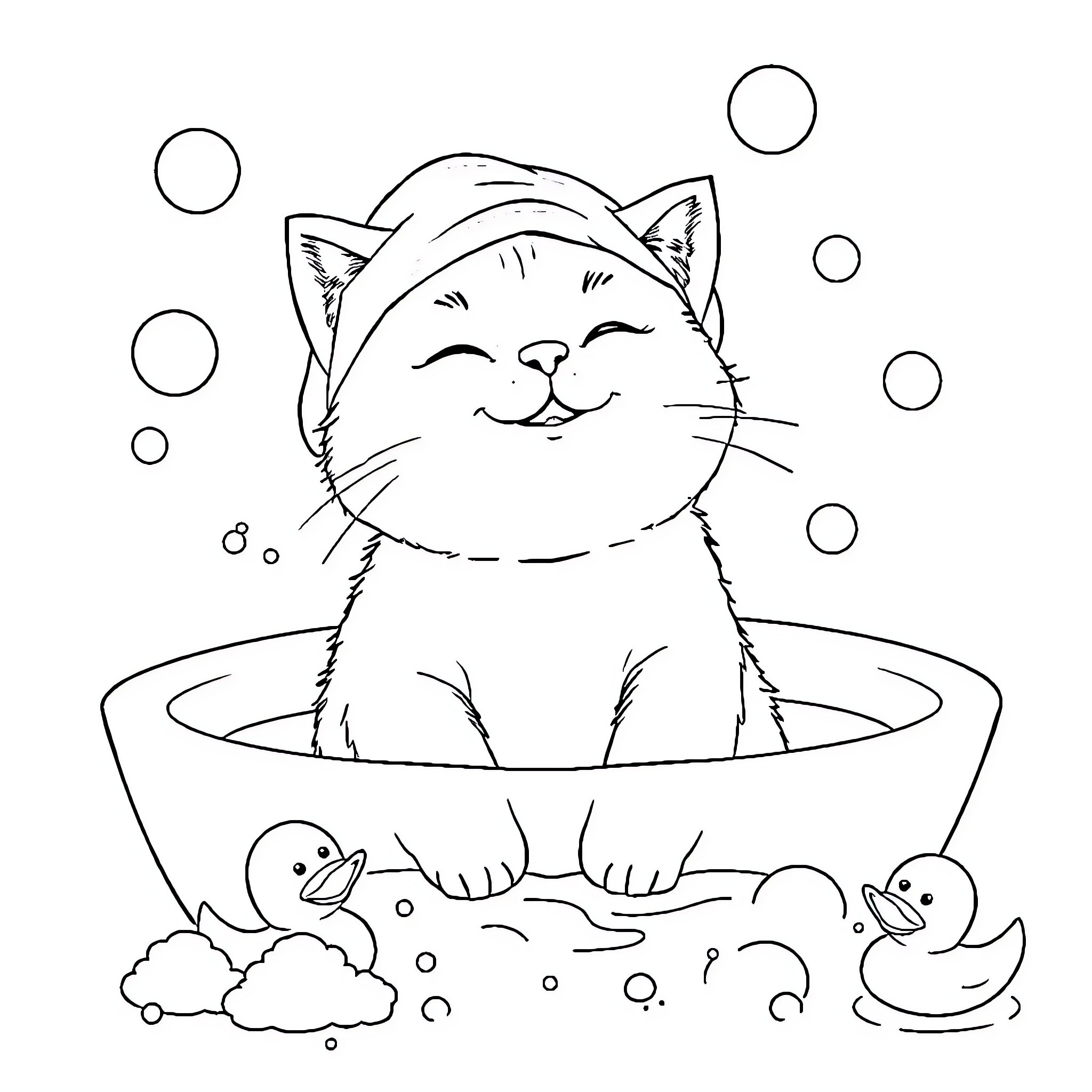 Cat relaxing in bubble bath with toys Coloring Page (free black-and-white line drawing printable PDF for all, from beginners to advanced learners, including children, teens, adults, and seniors)