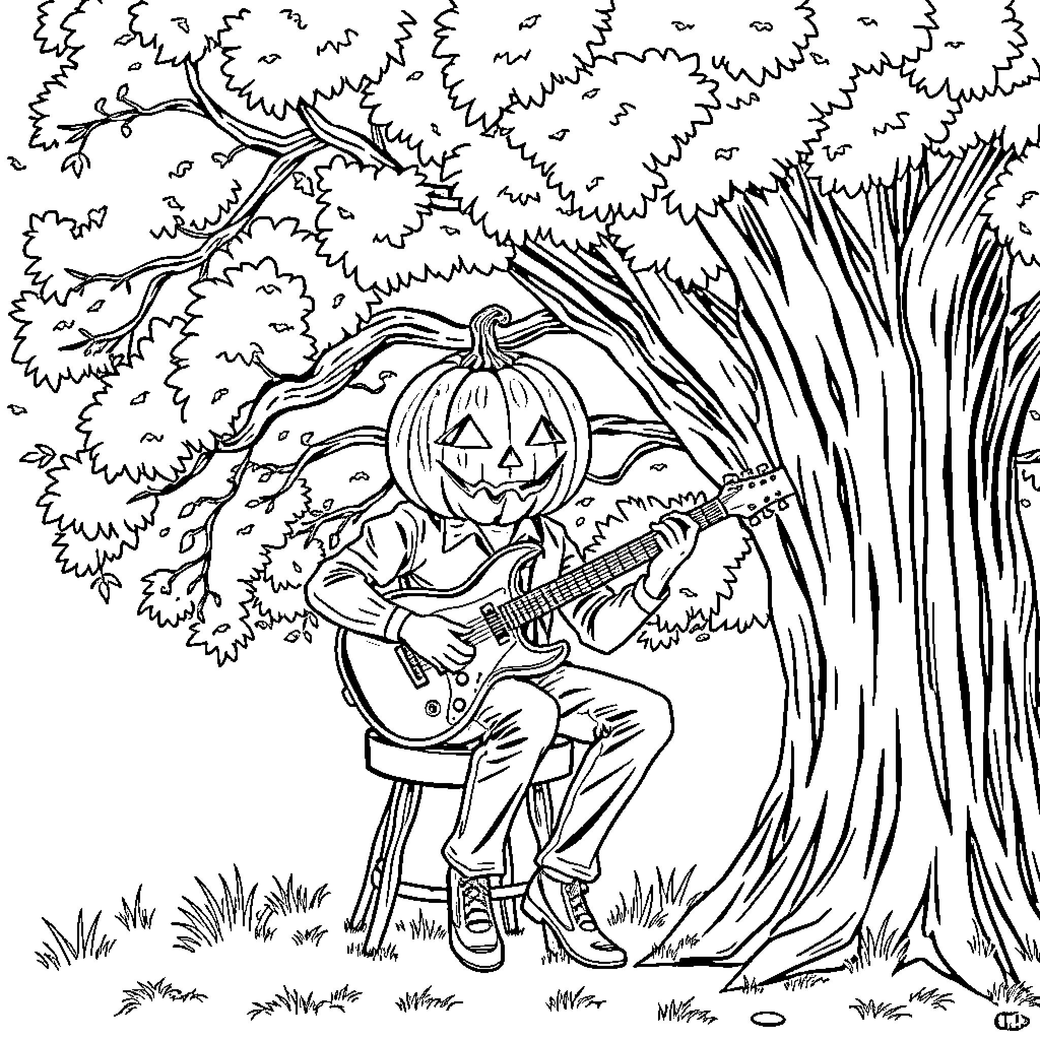 Man playing guitar in the forest Coloring Page (free black-and-white line drawing printable PDF for all, from beginners to advanced learners, including children, teens, adults, and seniors)