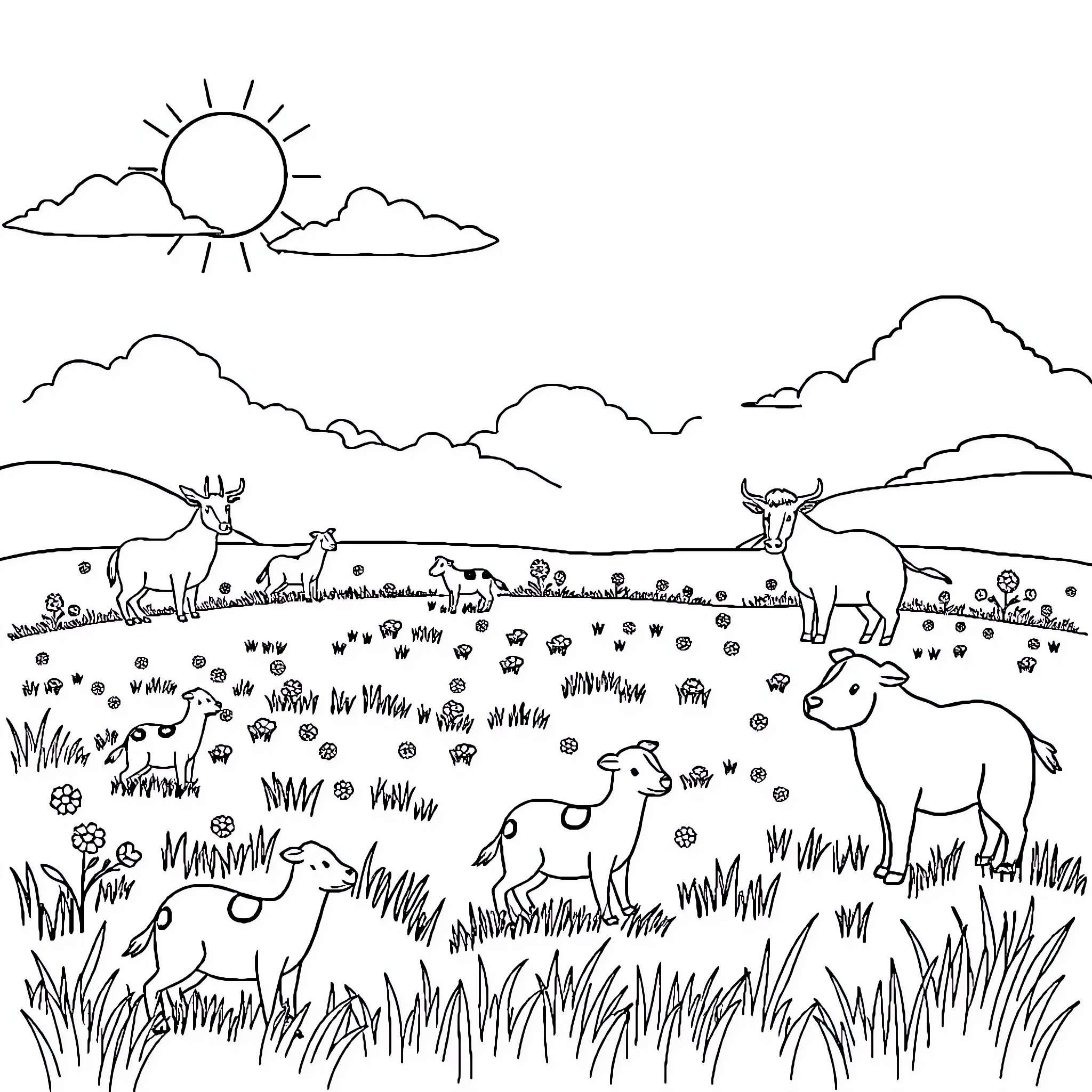 Animals grazing in a meadow with a sunny sky Coloring Page (free black-and-white line drawing printable PDF for all, from beginners to advanced learners, including children, teens, adults, and seniors)