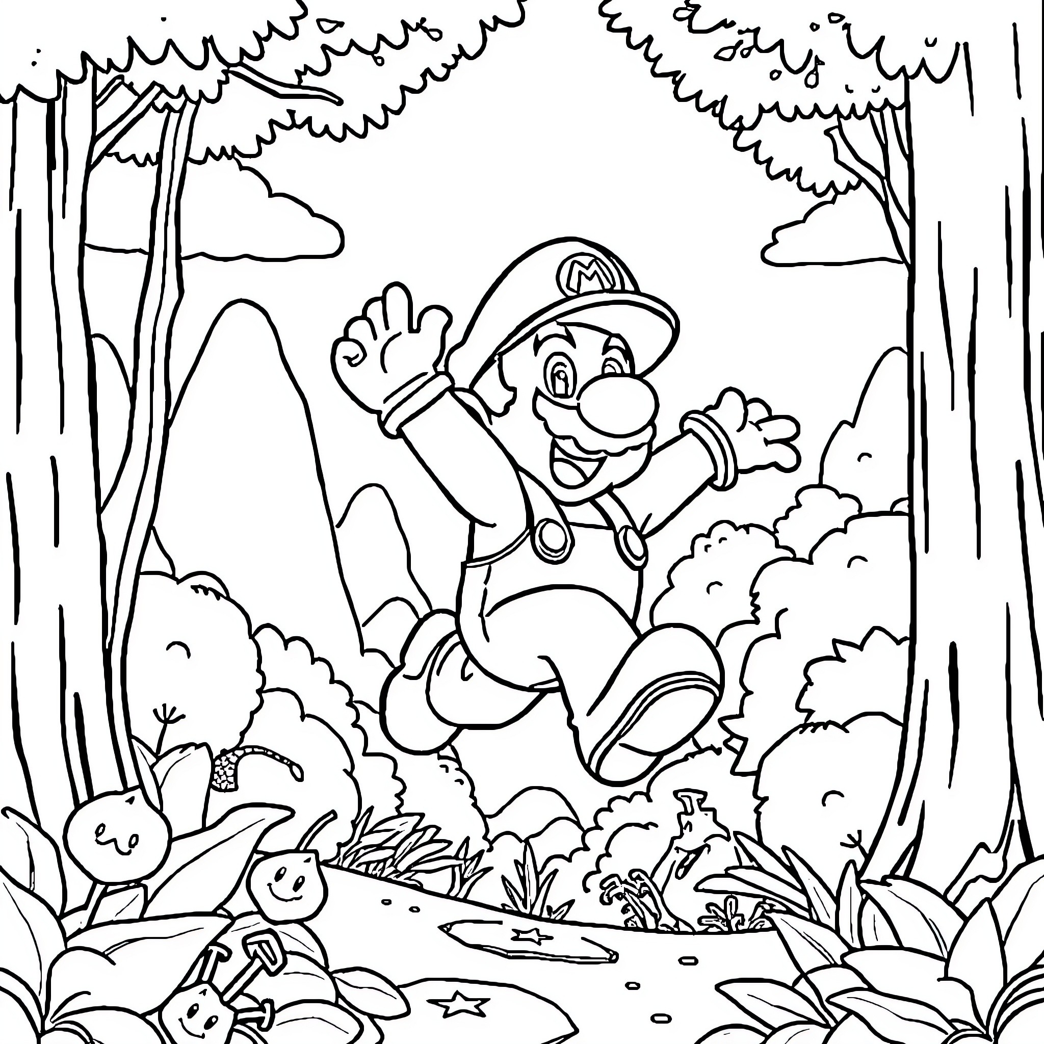 Super Mario Jumping Happily in the Forest Coloring Page (free black-and-white line drawing printable PDF for all, from beginners to advanced learners, including children, teens, adults, and seniors)