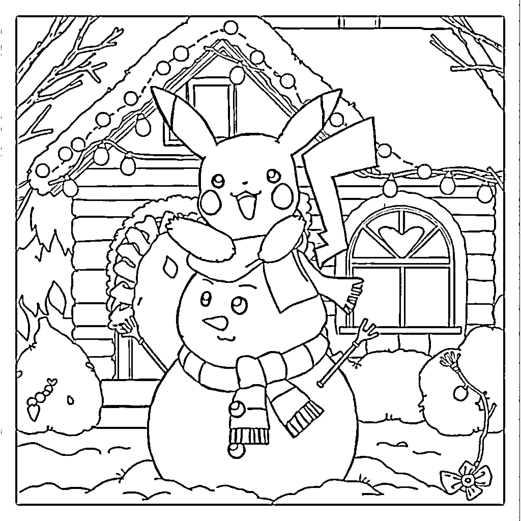 Pikachu playing with snowman in winter wonderland Coloring Page (free black-and-white line drawing printable PDF for all, from beginners to advanced learners, including children, teens, adults, and seniors)