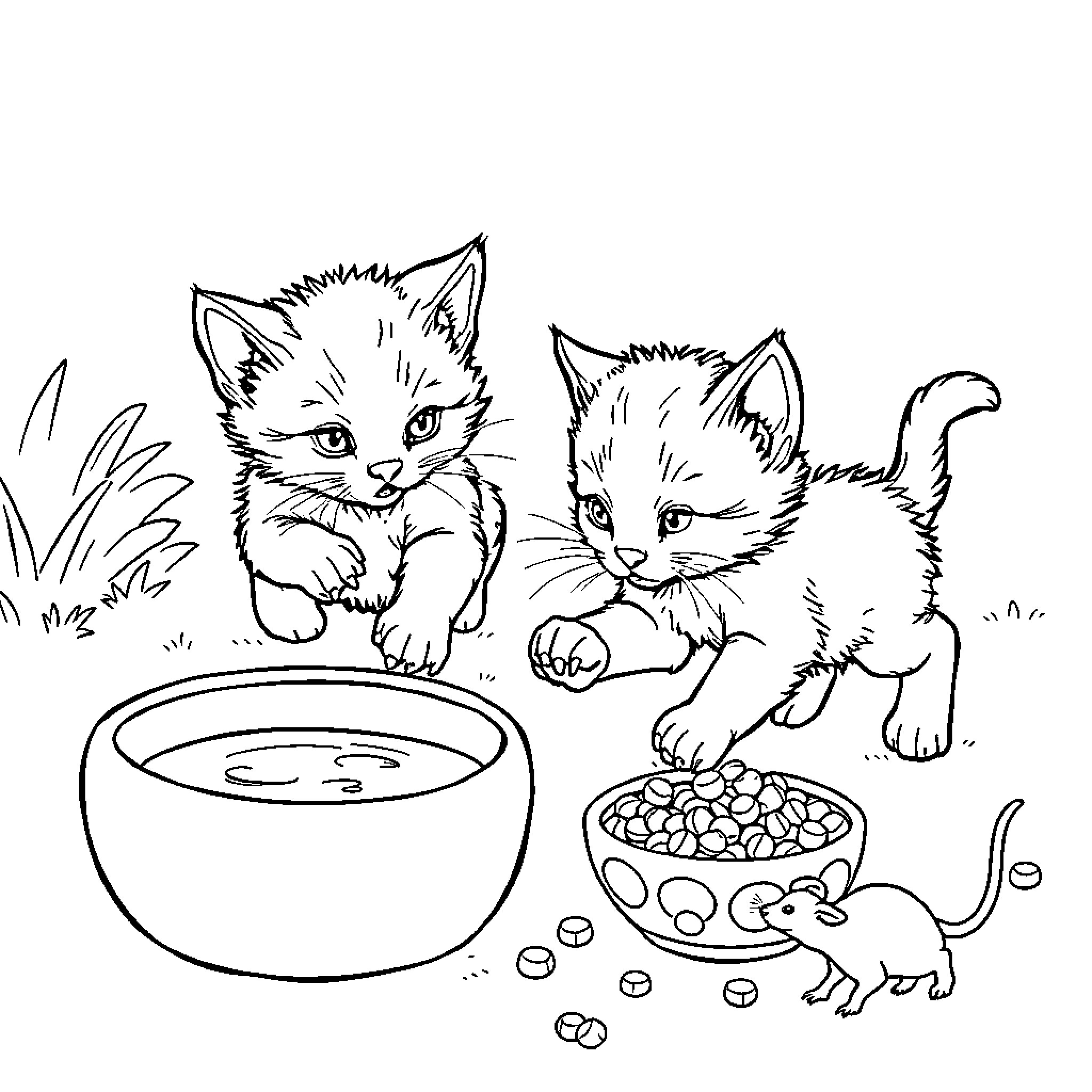 Kittens Exploring Pet Food Bowl Coloring Page (free black-and-white line drawing printable PDF for all, from beginners to advanced learners, including children, teens, adults, and seniors)