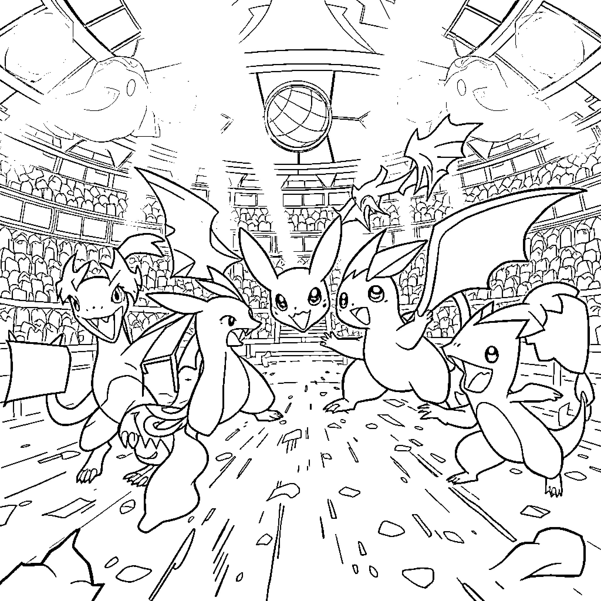 Pokémon Characters in an Intense Battle Coloring Page (free black-and-white line drawing printable PDF for all, from beginners to advanced learners, including children, teens, adults, and seniors)