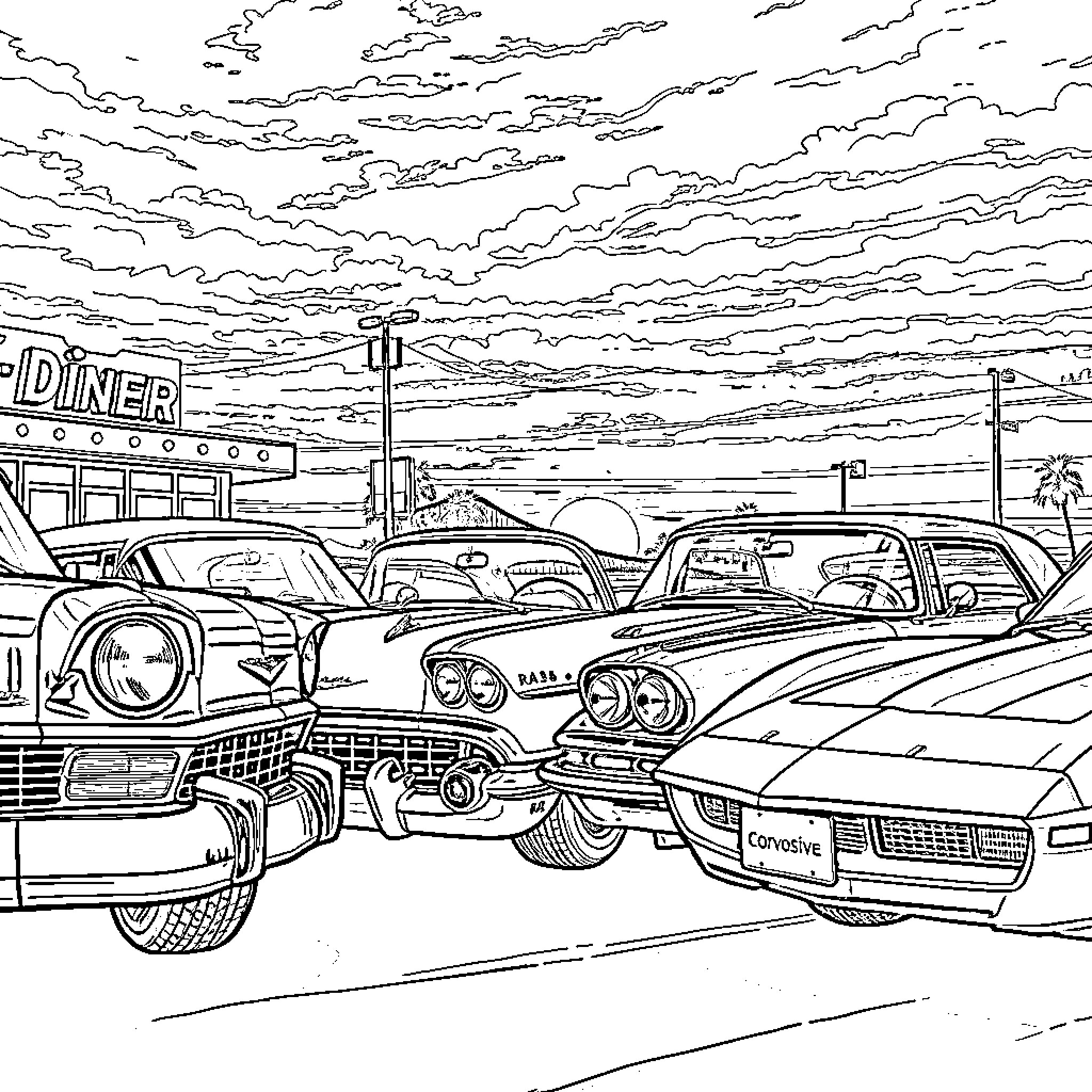Chevy Cars in a Retro Diner Parking Lot Coloring Page (free black-and-white line drawing printable PDF for all, from beginners to advanced learners, including children, teens, adults, and seniors)