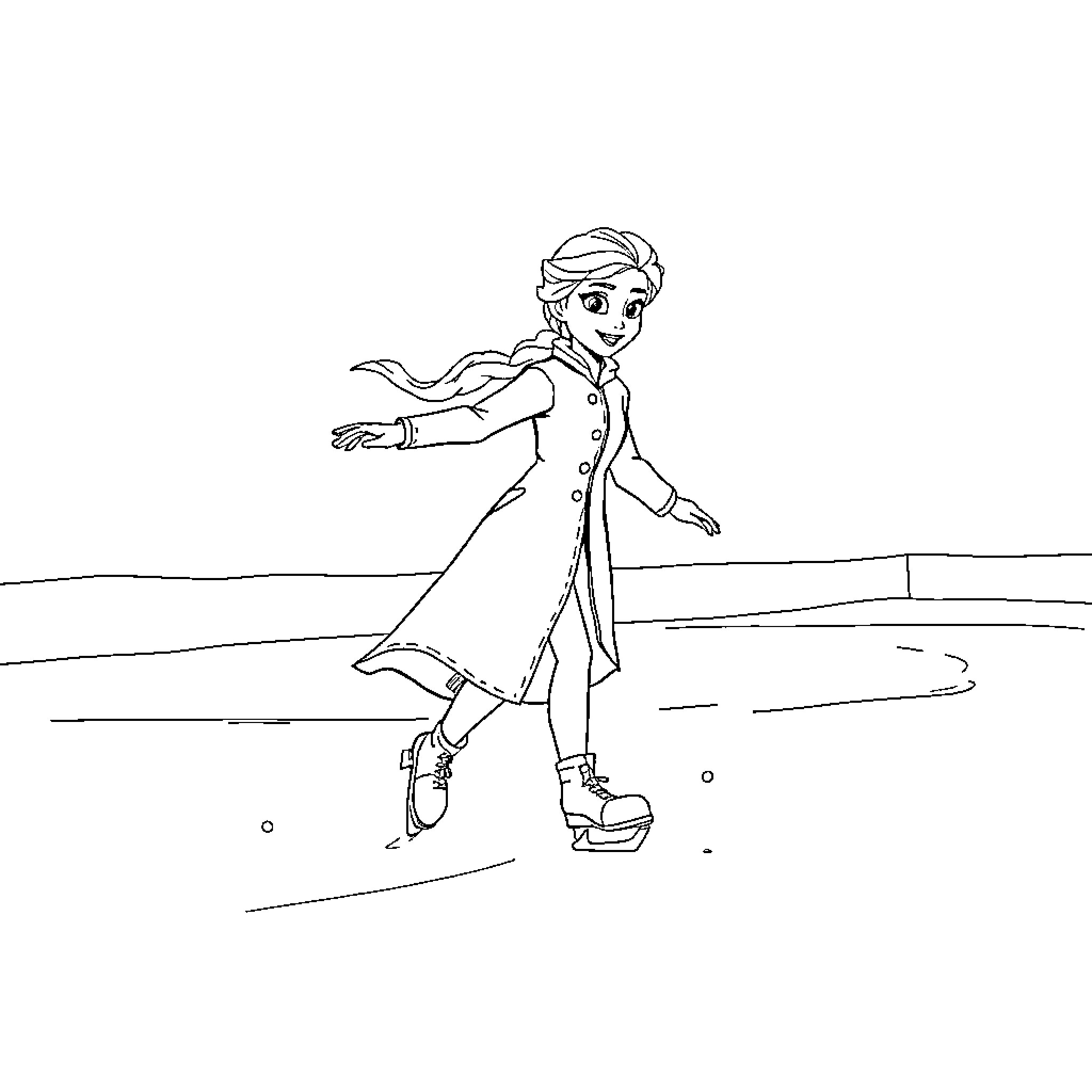 Elsa skating gracefully on the ice Coloring Page (free black-and-white line drawing printable PDF for all, from beginners to advanced learners, including children, teens, adults, and seniors)