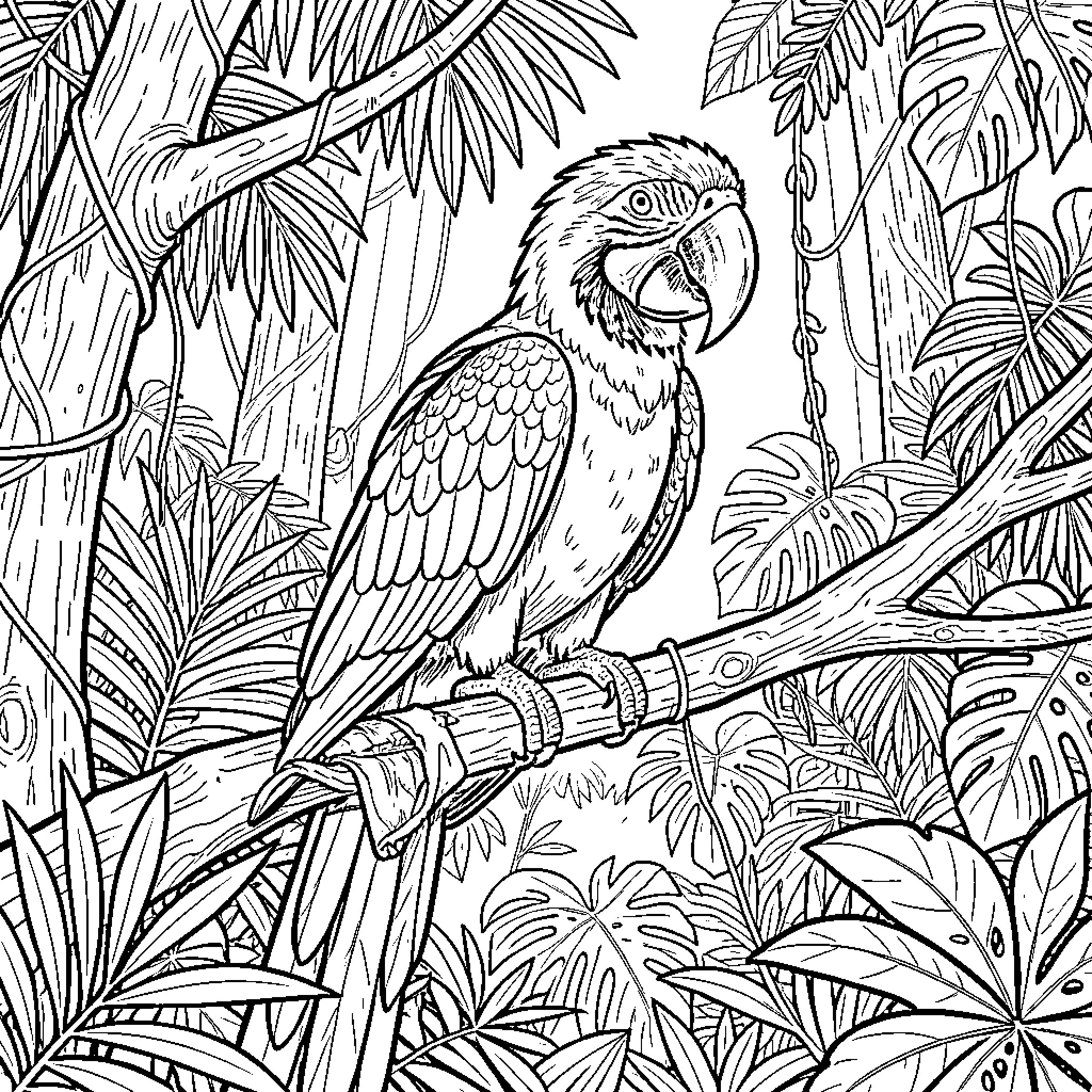 Macaw perched calmly on a branch in the jungle Coloring Page (free black-and-white line drawing printable PDF for all, from beginners to advanced learners, including children, teens, adults, and seniors)