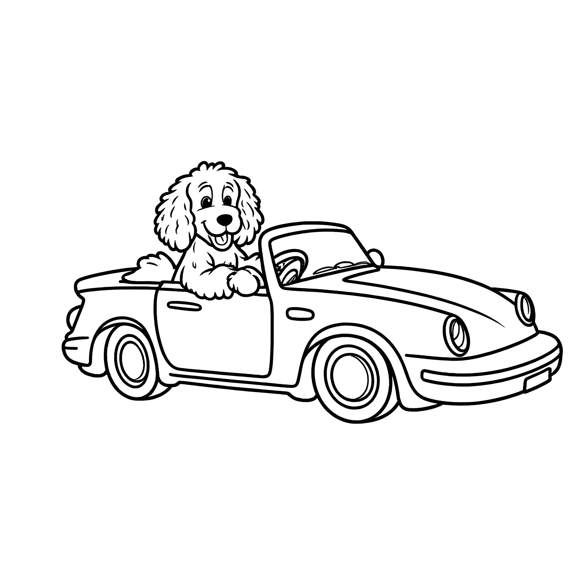 Cocker Spaniel Riding in a Vintage Convertible Coloring Page (free black-and-white line drawing printable PDF for all, from beginners to advanced learners, including children, teens, adults, and seniors)
