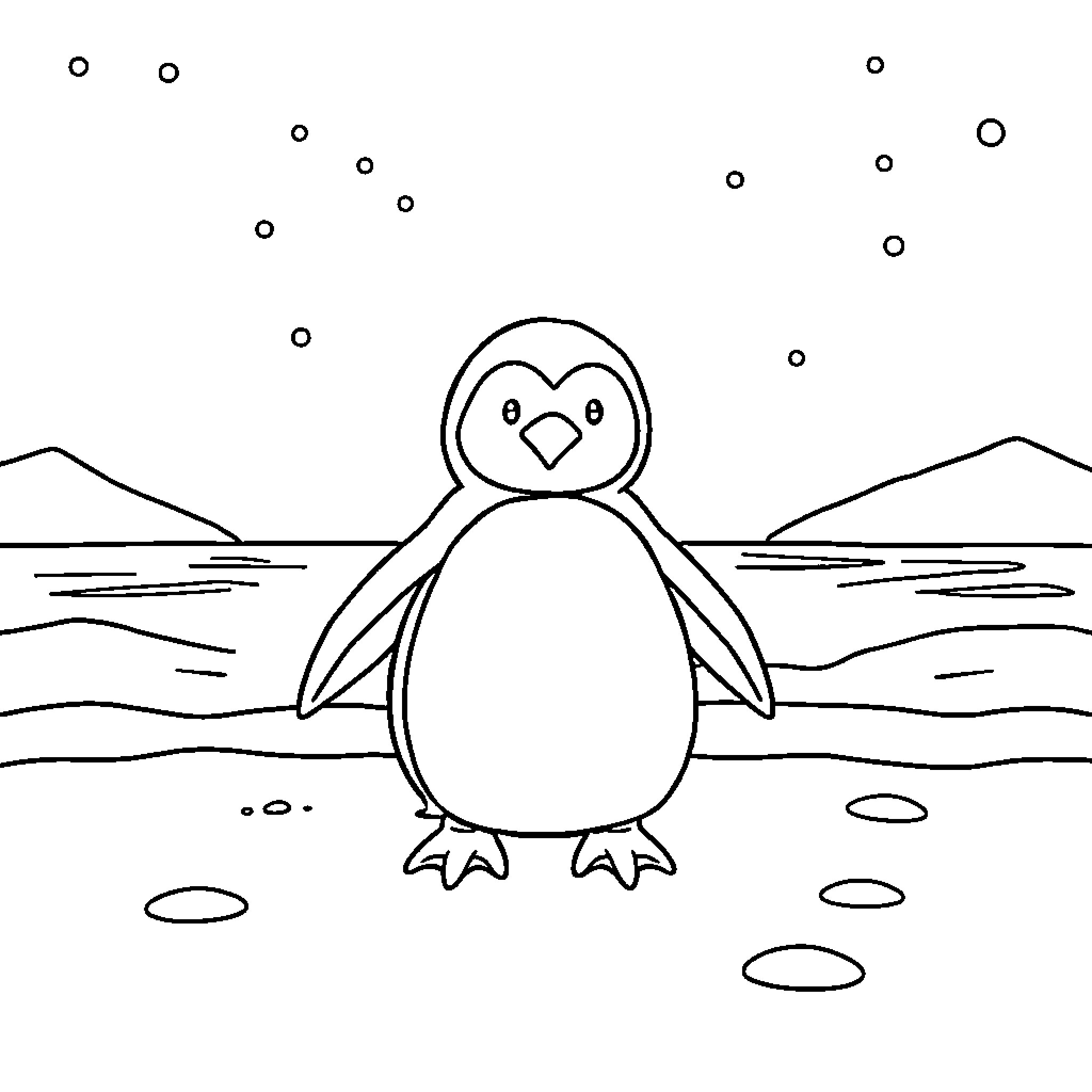 Penguin standing in snowy landscape Coloring Page (free black-and-white line drawing printable PDF for all, from beginners to advanced learners, including children, teens, adults, and seniors)