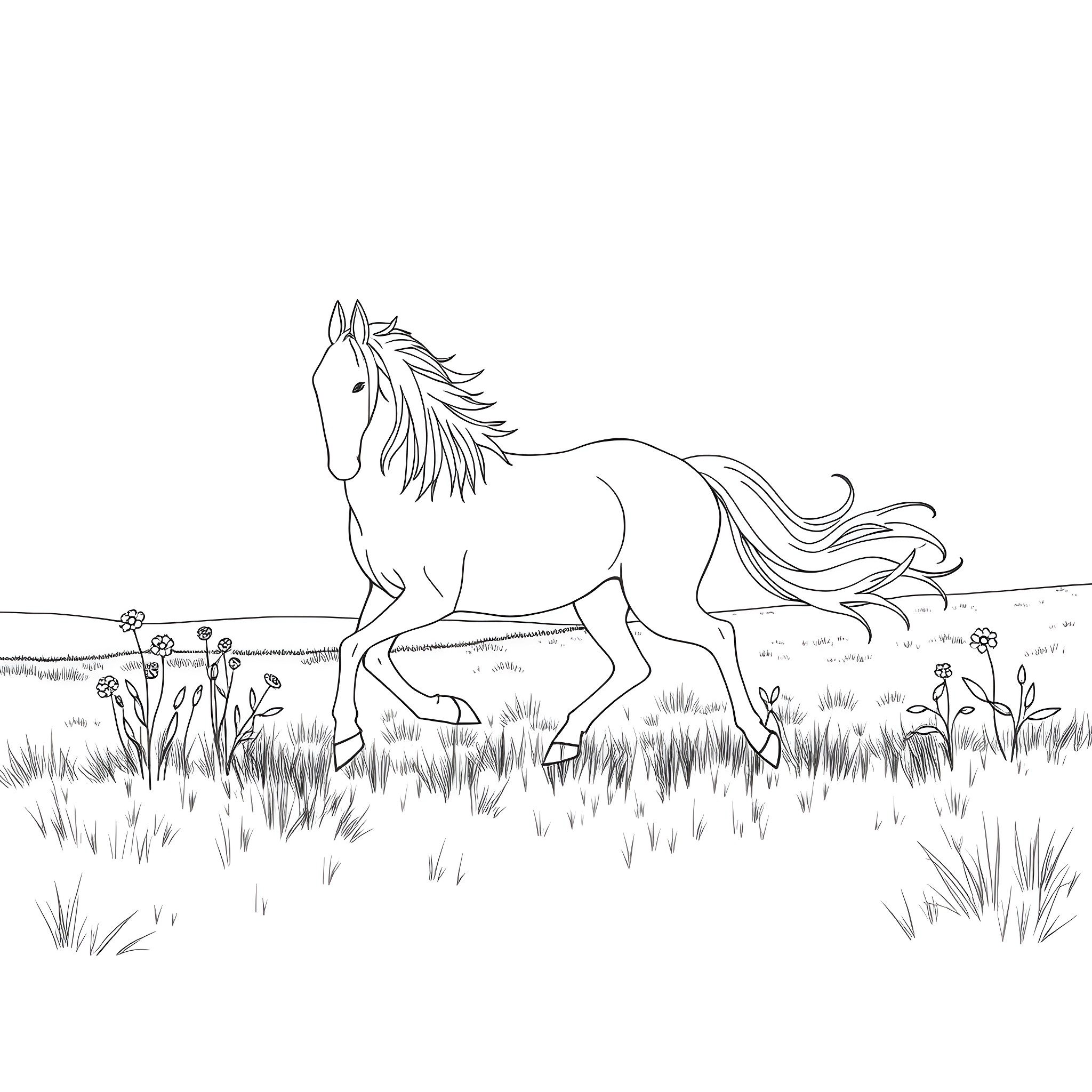 Spirit of the Meadow: A Horse's Graceful Stride Coloring Page (free black-and-white line drawing printable PDF for all, from beginners to advanced learners, including children, teens, adults, and seniors)