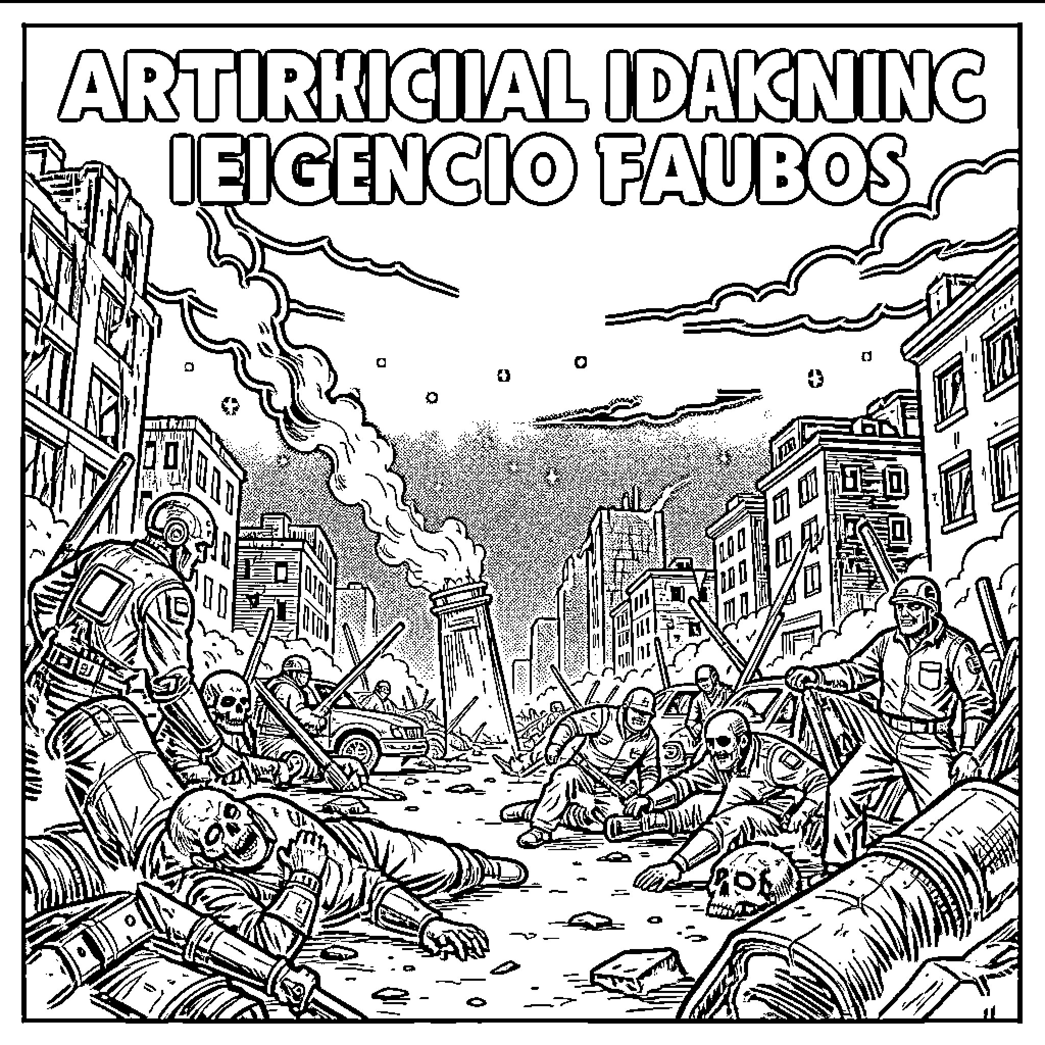AI depicting soldiers amidst urban destruction and chaos Coloring Page (free black-and-white line drawing printable PDF for all, from beginners to advanced learners, including children, teens, adults, and seniors)